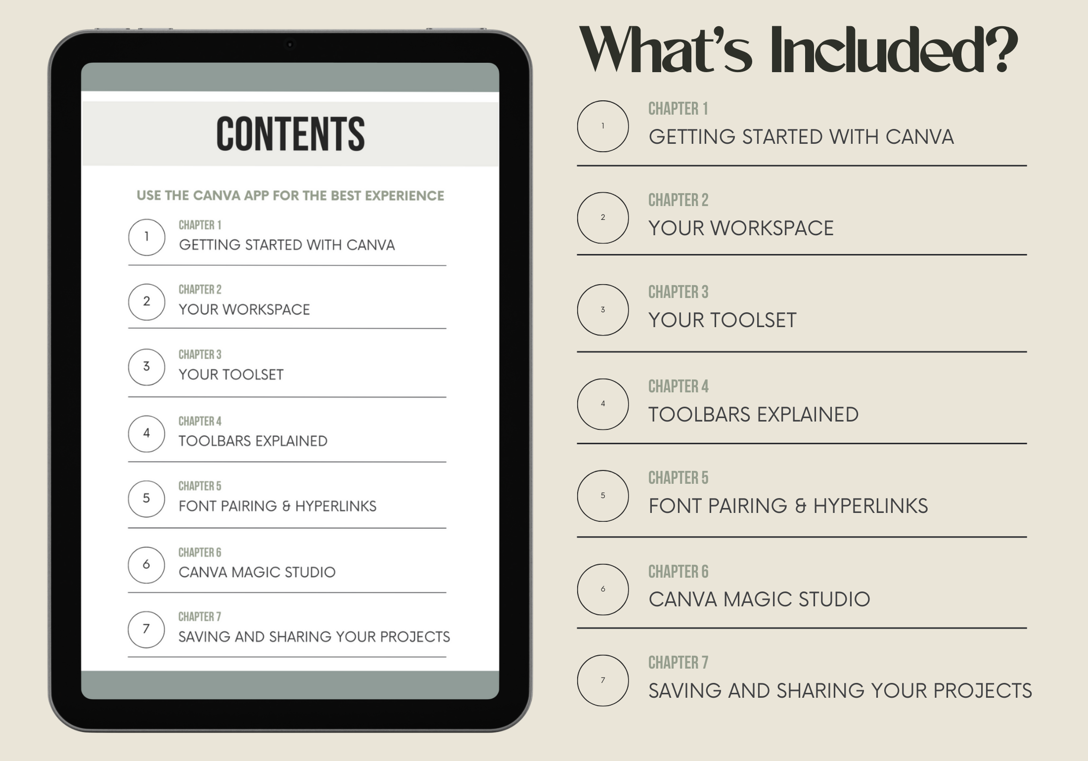 Table of Contents for Canva Crash Course - Chapters include getting started, workspace, toolset, toolbars, font pairing, Canva Magic Studio, and project sharing.