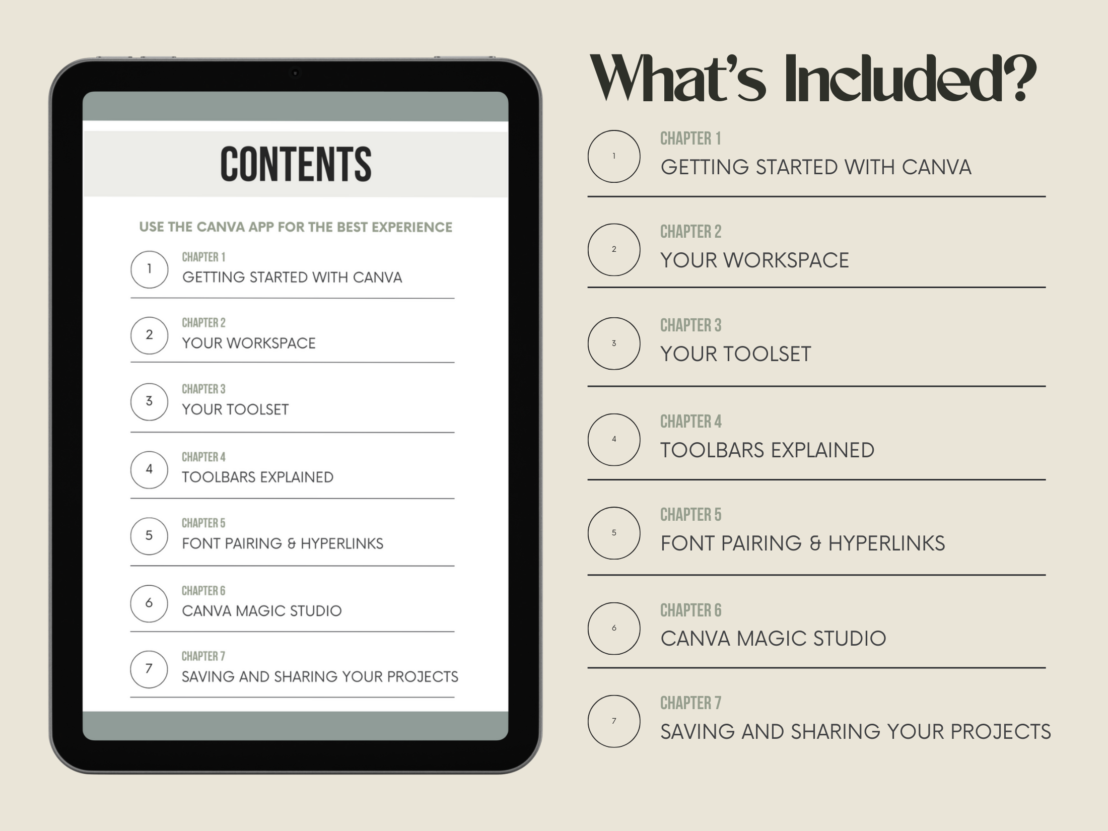 Table of Contents for Canva Crash Course - Chapters include getting started, workspace, toolset, toolbars, font pairing, Canva Magic Studio, and project sharing.