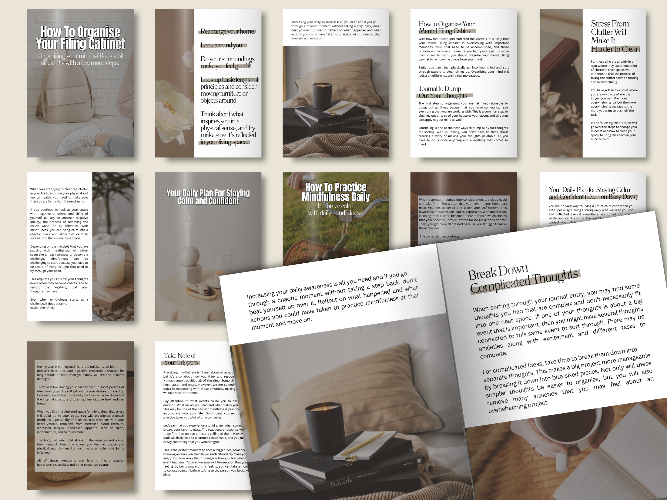 Preview of the contents inside the Chaos to Calm EBook, showing various sections on mindfulness, stress management, and organization.