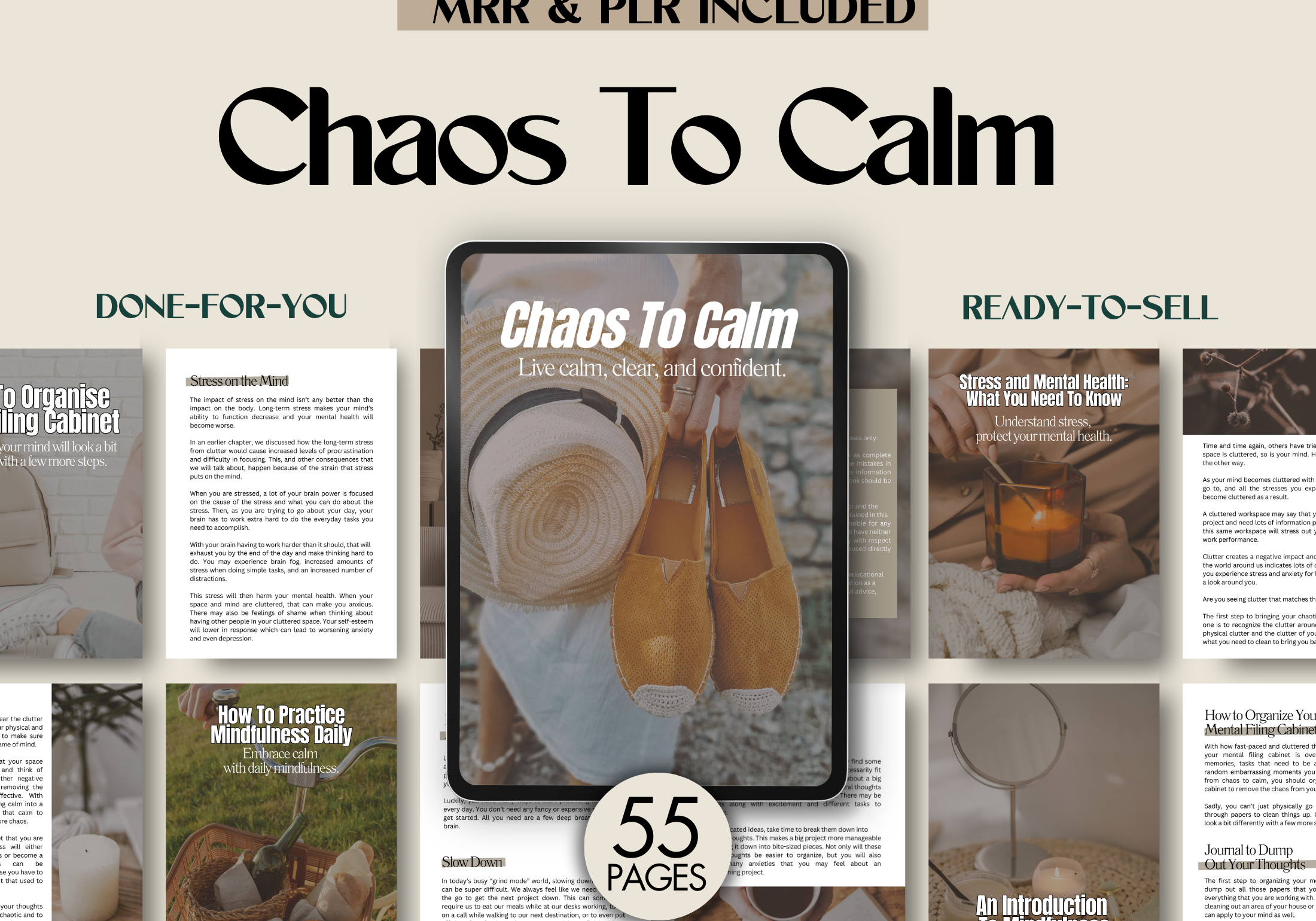 Cover image of Chaos to Calm EBook, featuring a calming aesthetic with a pair of sandals and a hat, symbolizing relaxation and mindfulness.