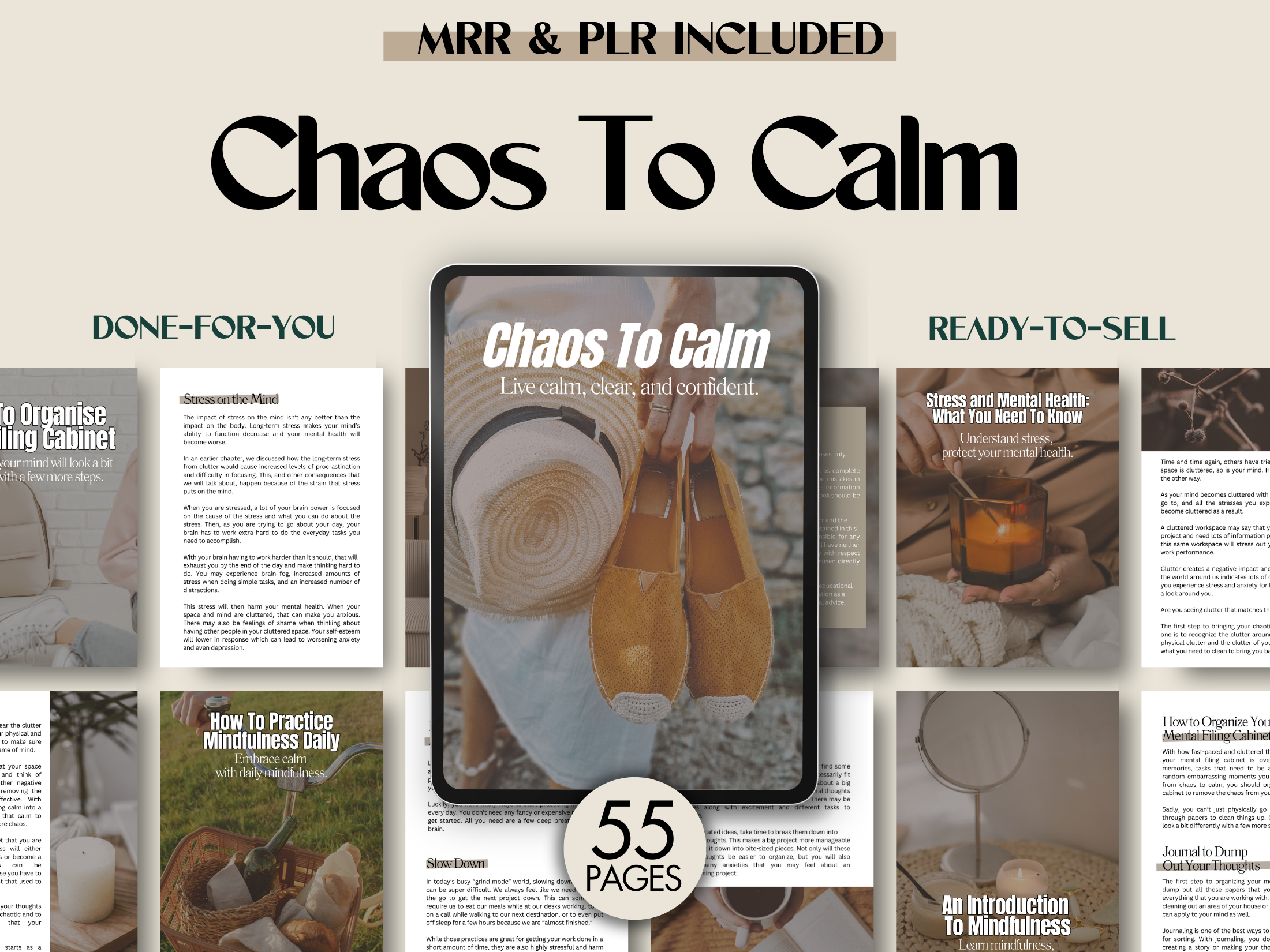 Cover image of Chaos to Calm EBook, featuring a calming aesthetic with a pair of sandals and a hat, symbolizing relaxation and mindfulness.