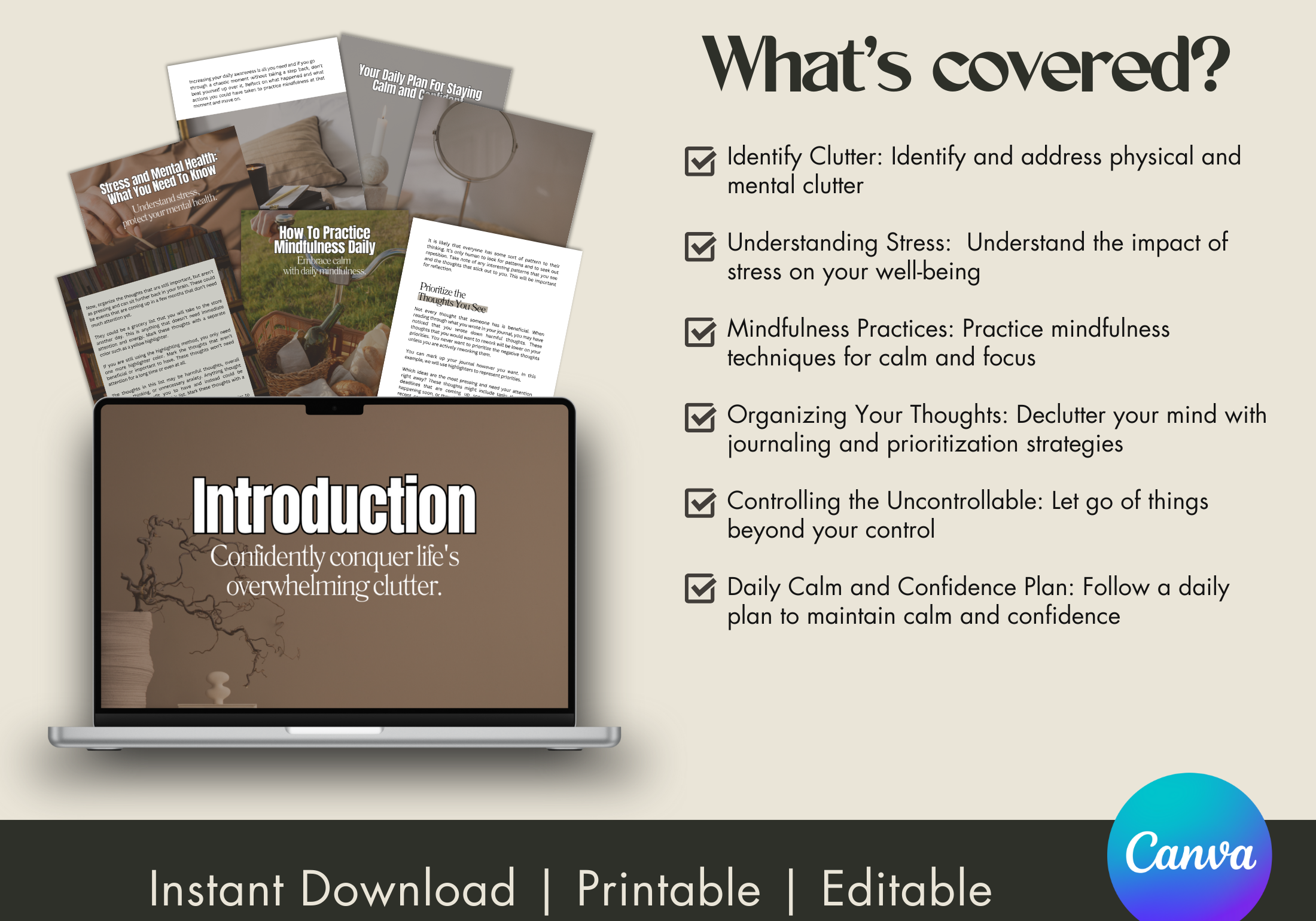 What's Included overview for Chaos to Calm EBook, highlighting key topics covered such as mindfulness practices and daily plans for staying calm.