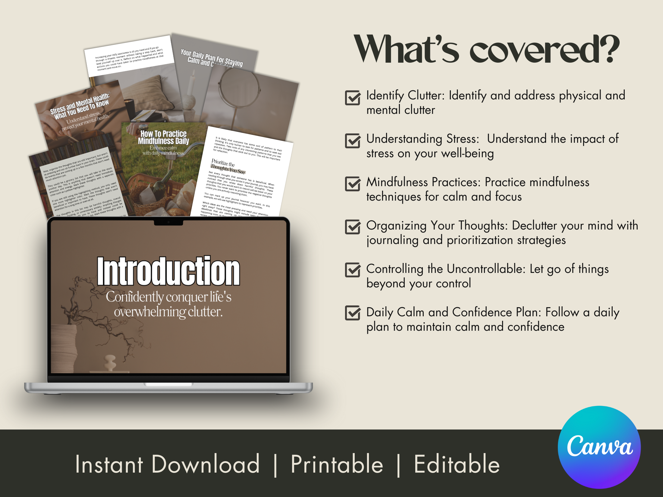 What's Included overview for Chaos to Calm EBook, highlighting key topics covered such as mindfulness practices and daily plans for staying calm.