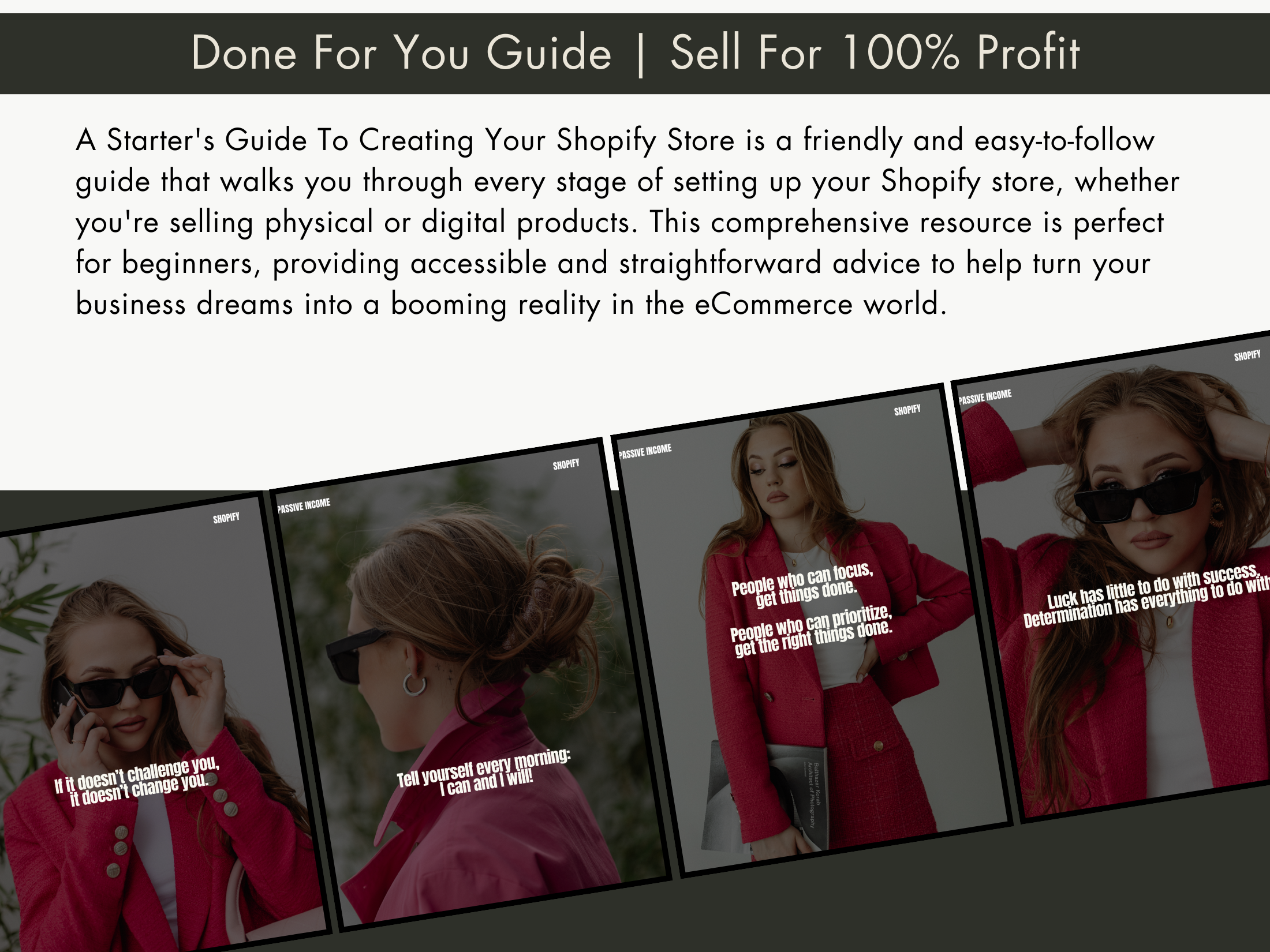 Close-up of the eBook content, showing motivational quotes and sections of the guide designed to help users successfully set up their Shopify store.