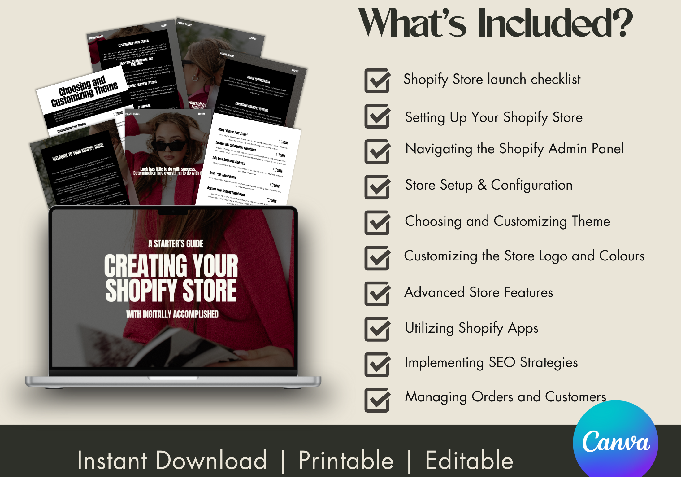 Image displaying the "What's Included?" section, listing the key topics covered in the "Creating Your Shopify Store" eBook, with pages fanned out above a laptop.