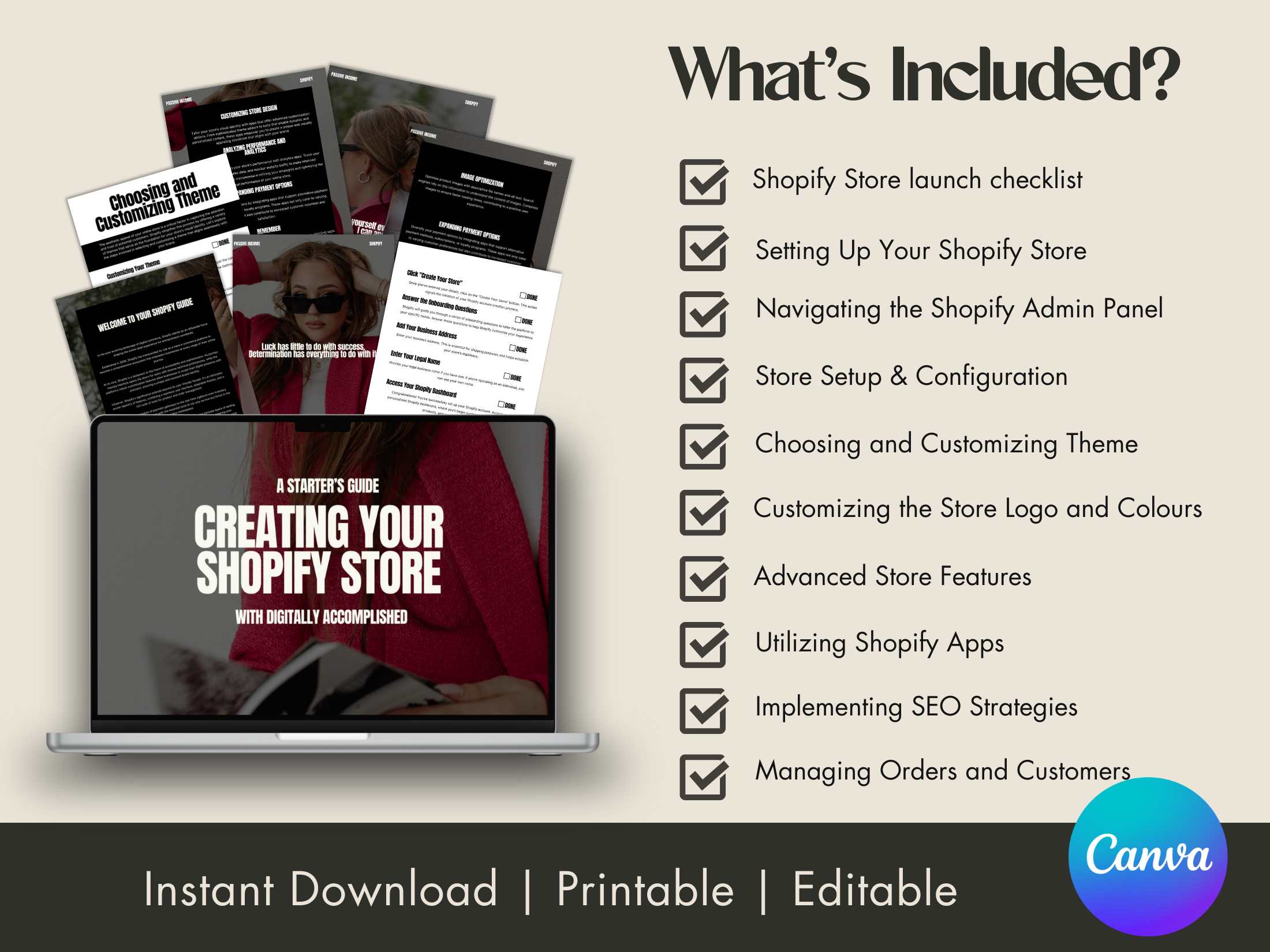 Image displaying the "What's Included?" section, listing the key topics covered in the "Creating Your Shopify Store" eBook, with pages fanned out above a laptop.