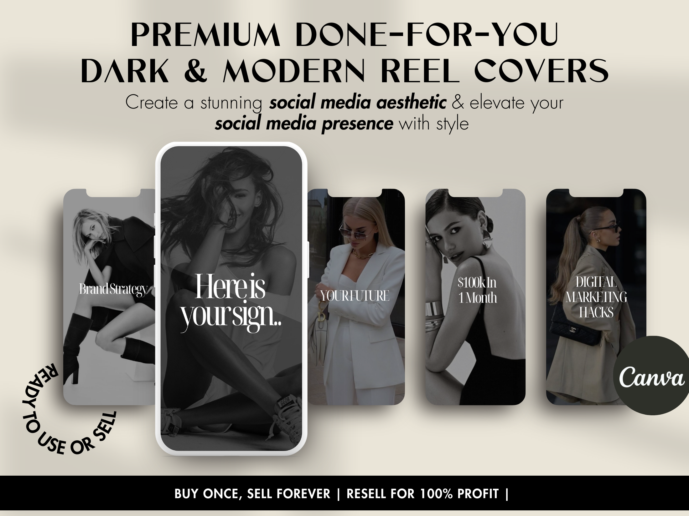 Mockup image of premium Dark & Modern Instagram Reel Covers with resell options.