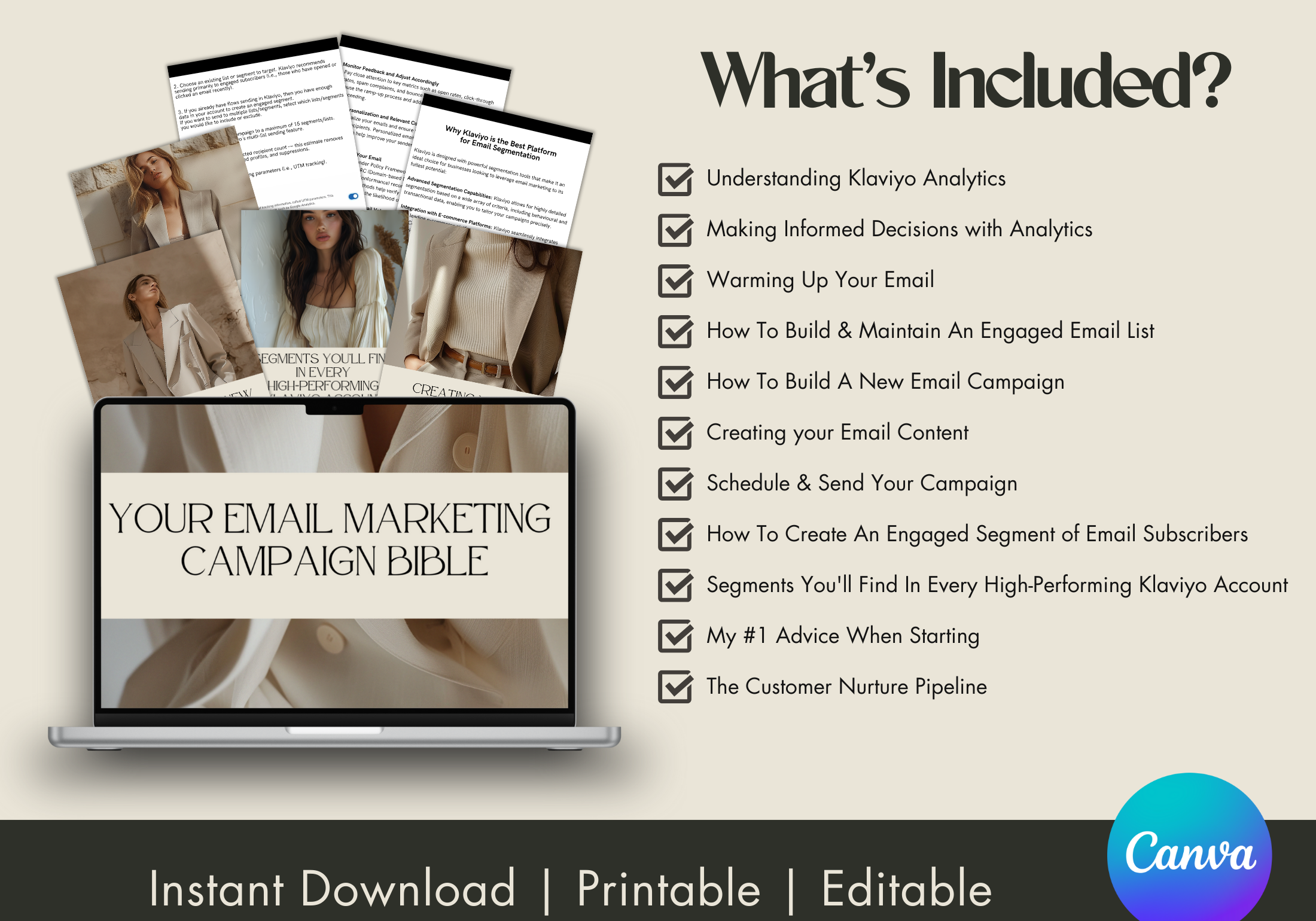 Visual representation of what’s included in the Email Marketing Campaign Bible, listing sections like analytics, content creation, and campaign management.