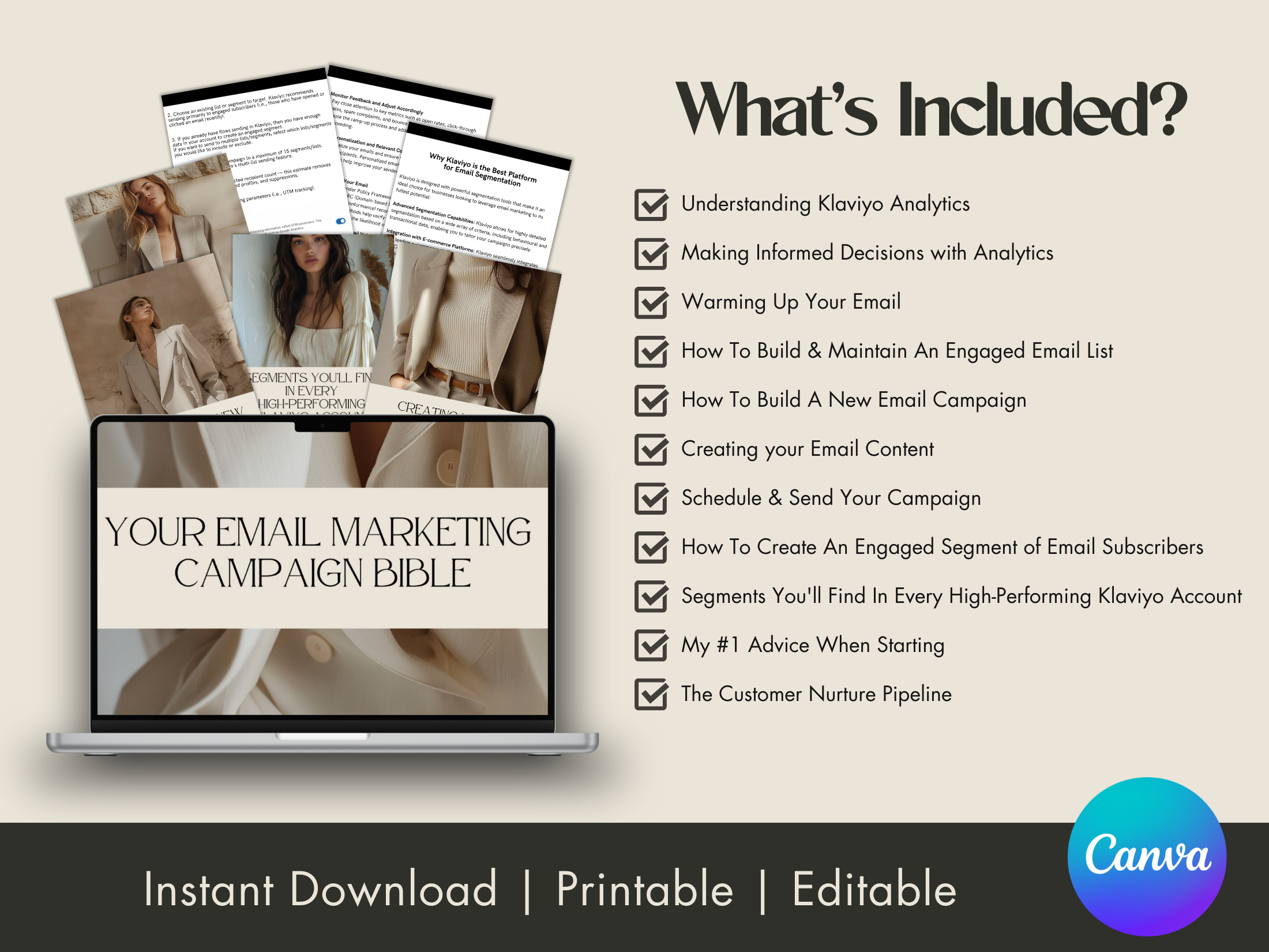 Visual representation of what’s included in the Email Marketing Campaign Bible, listing sections like analytics, content creation, and campaign management.