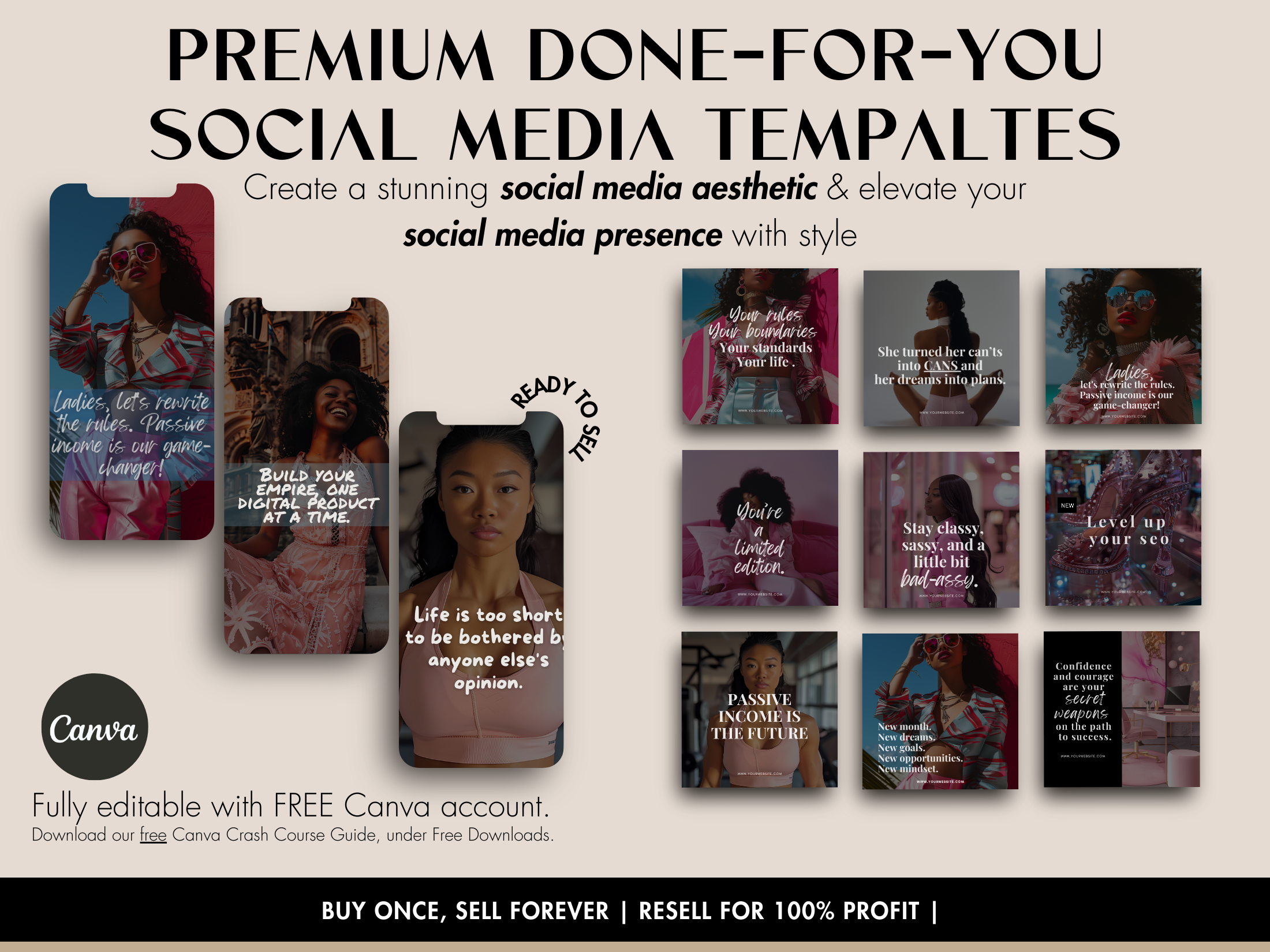 Collection of Empowering Women Social Media Templates - Premium Done-For-You Social Media Aesthetic