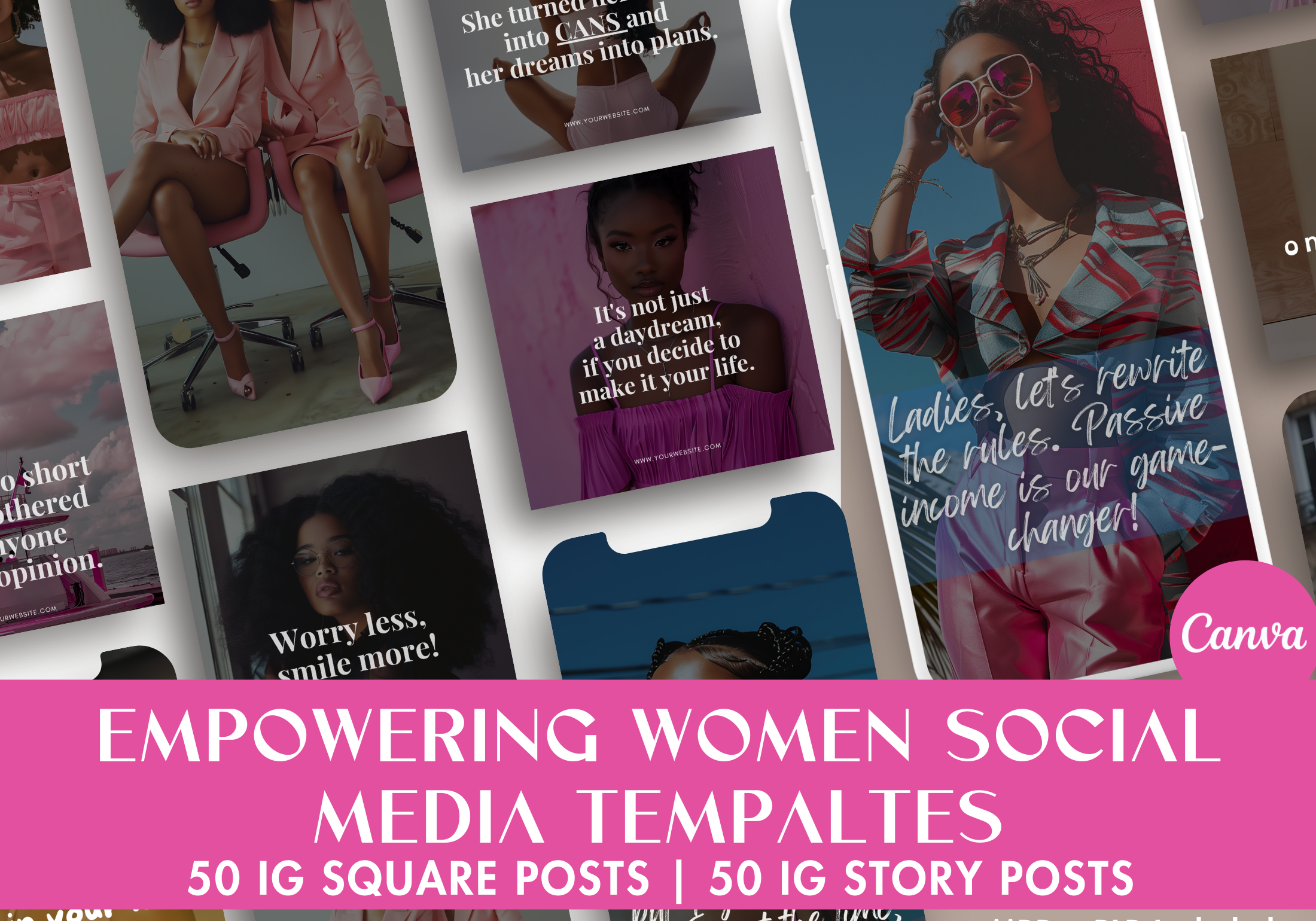 Empowering Women Social Media Templates - 50 IG Square Posts & 50 IG Story Posts, MRR & PLR Included