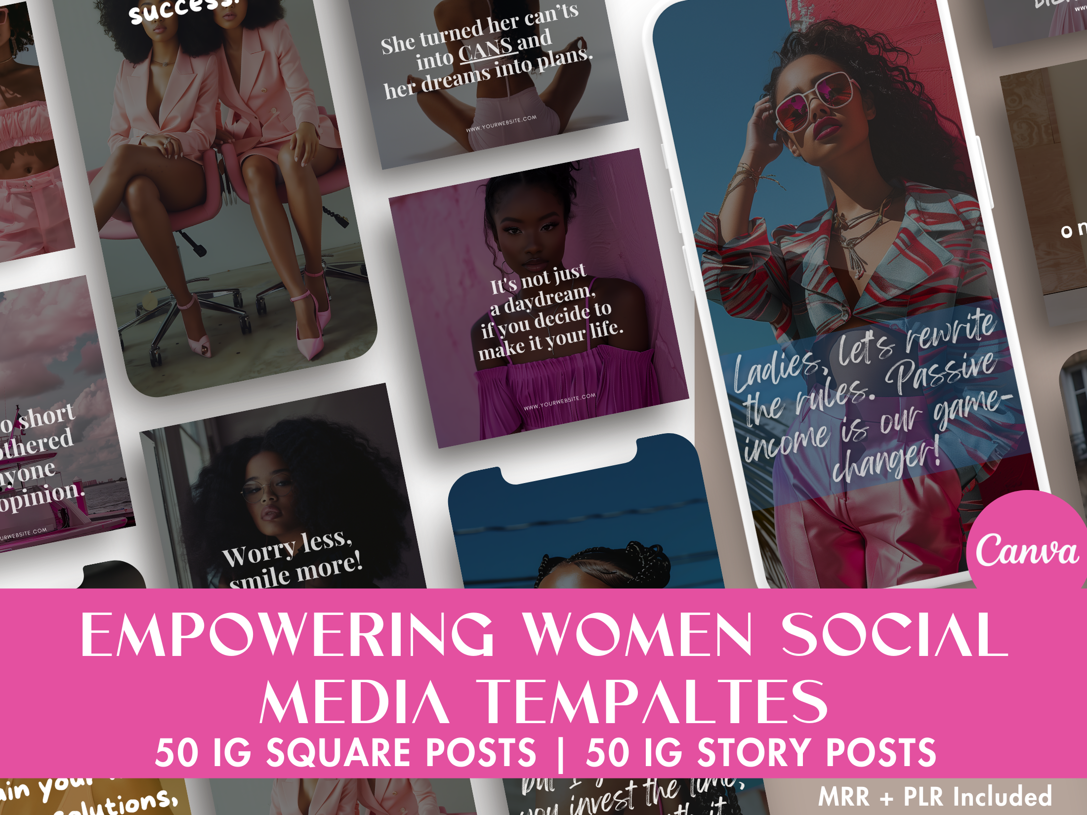 Empowering Women Social Media Templates - 50 IG Square Posts & 50 IG Story Posts, MRR & PLR Included