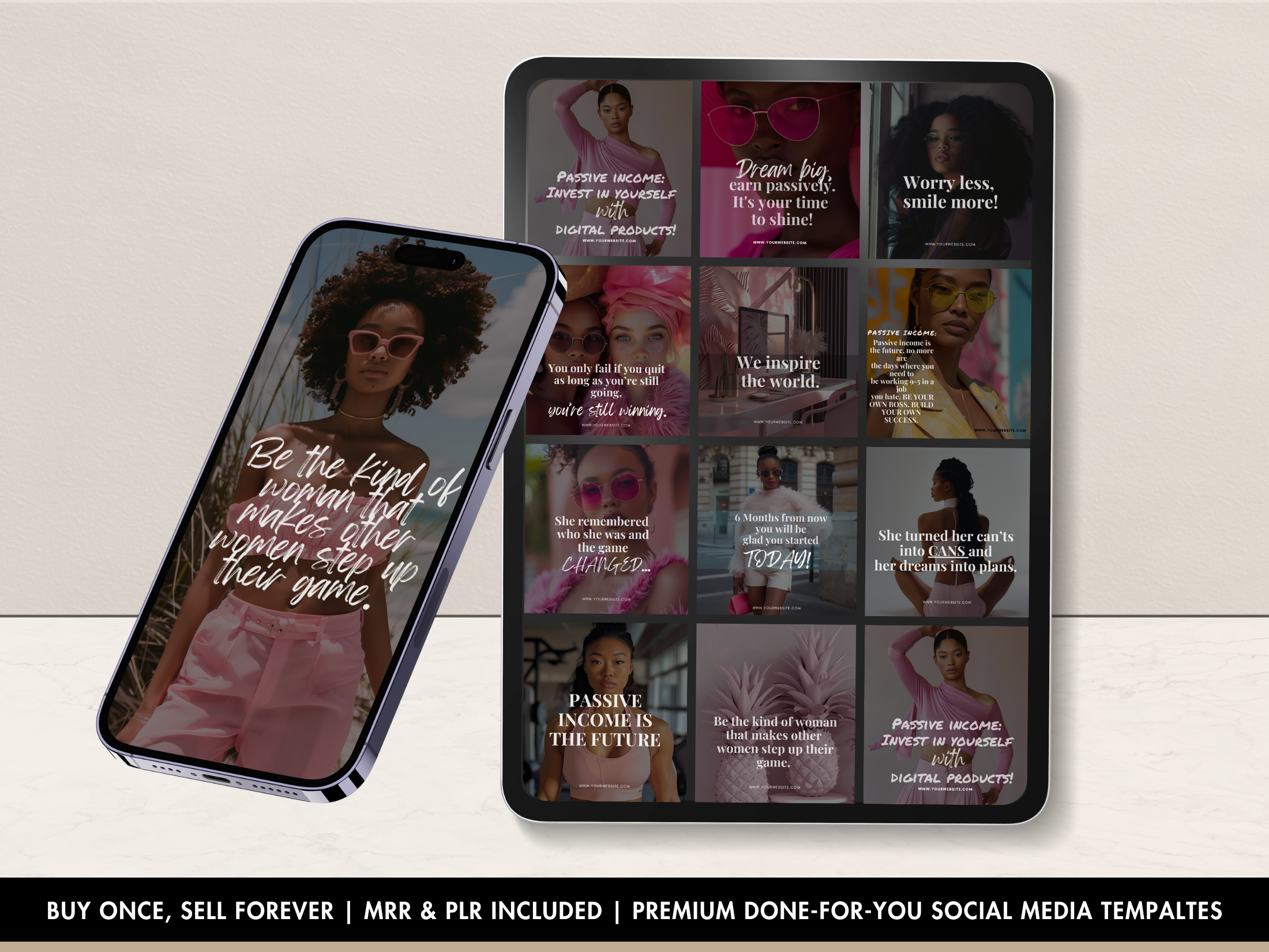 Empowering Women Social Media Templates Displayed on Mobile and Tablet - Ready to Use for Instagram Marketing