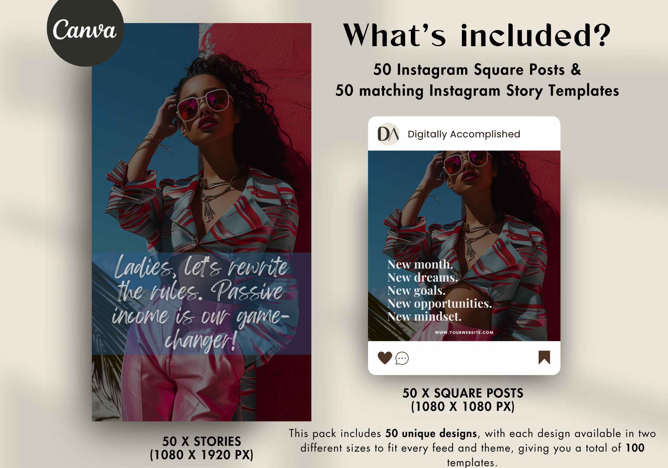 What's Included in Empowering Women Social Media Templates - 50 Instagram Square Posts and 50 Matching Story Templates