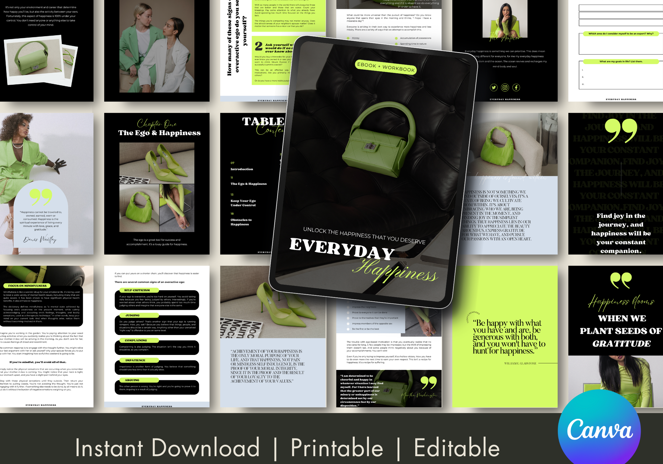 Overview of Everyday Happiness eBook & Workbook - Creating a Life That Supports Happiness, Editable and Printable in Canva