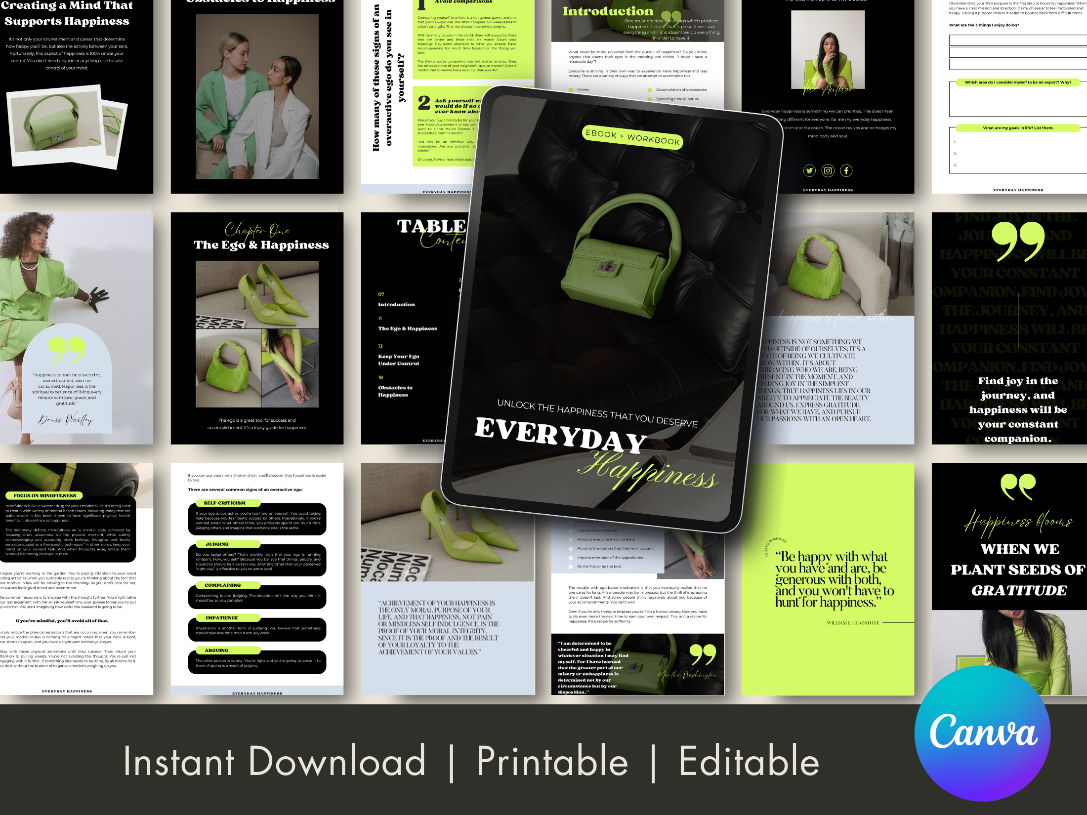 Overview of Everyday Happiness eBook & Workbook - Creating a Life That Supports Happiness, Editable and Printable in Canva