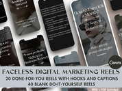 Cover of Faceless Digital Marketing Reels - 20 Done-For-You Reels with Hooks and Captions, 40 Blank DIY Reels, MRR & PLR Included