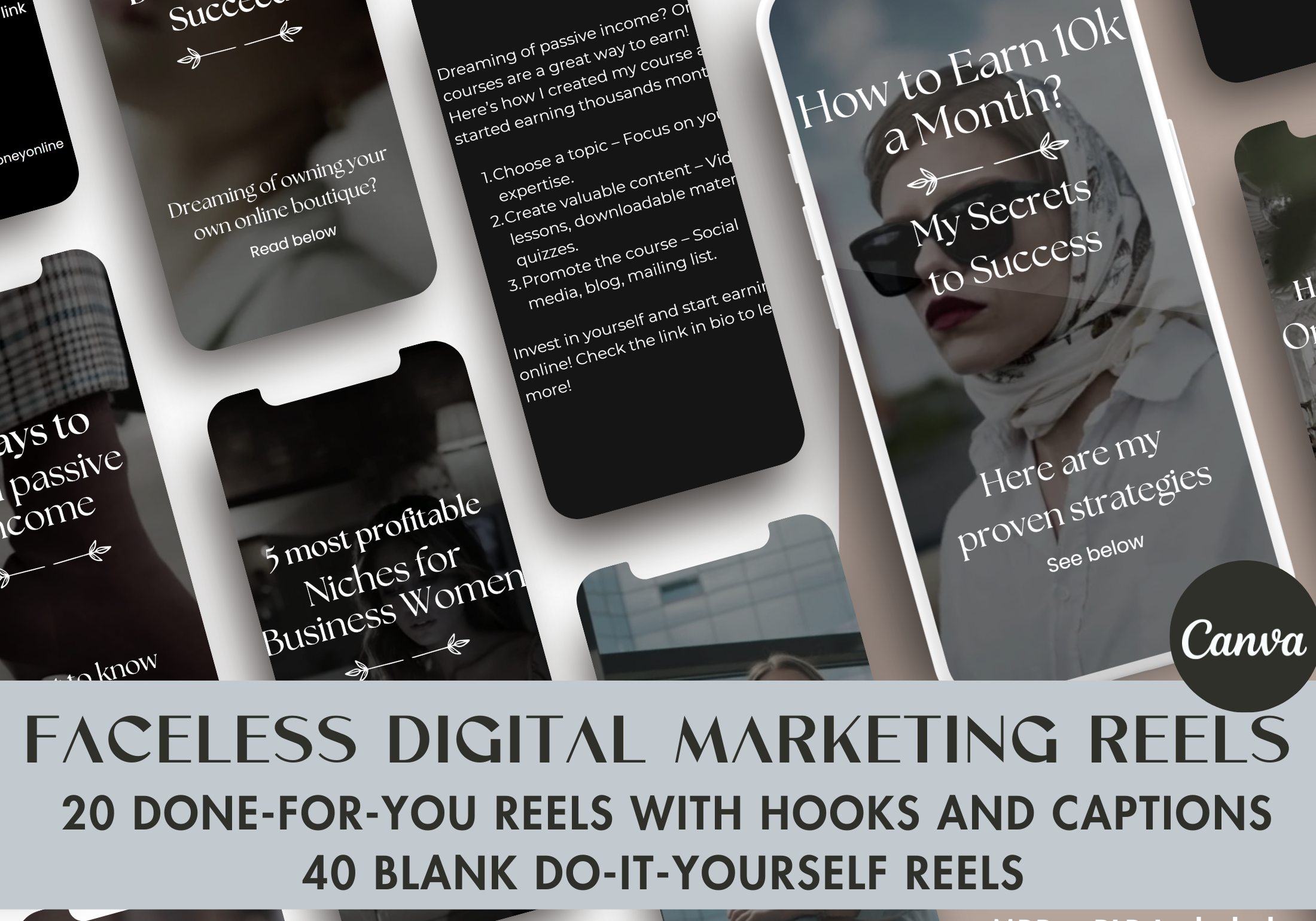 Cover of Faceless Digital Marketing Reels - 20 Done-For-You Reels with Hooks and Captions, 40 Blank DIY Reels, MRR & PLR Included