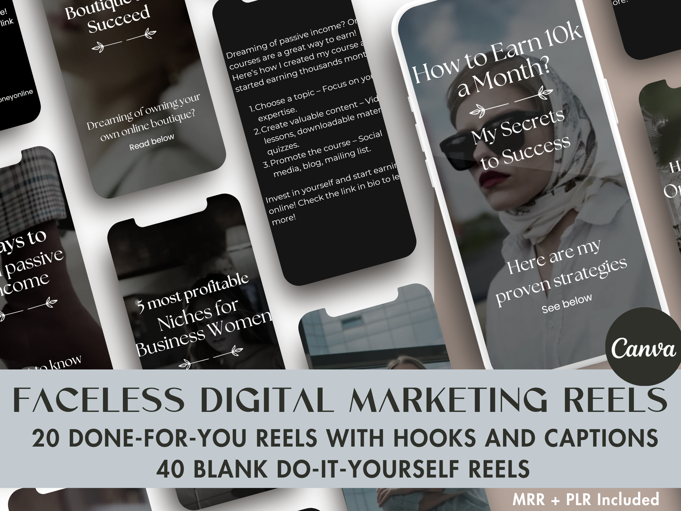 Cover of Faceless Digital Marketing Reels - 20 Done-For-You Reels with Hooks and Captions, 40 Blank DIY Reels, MRR & PLR Included