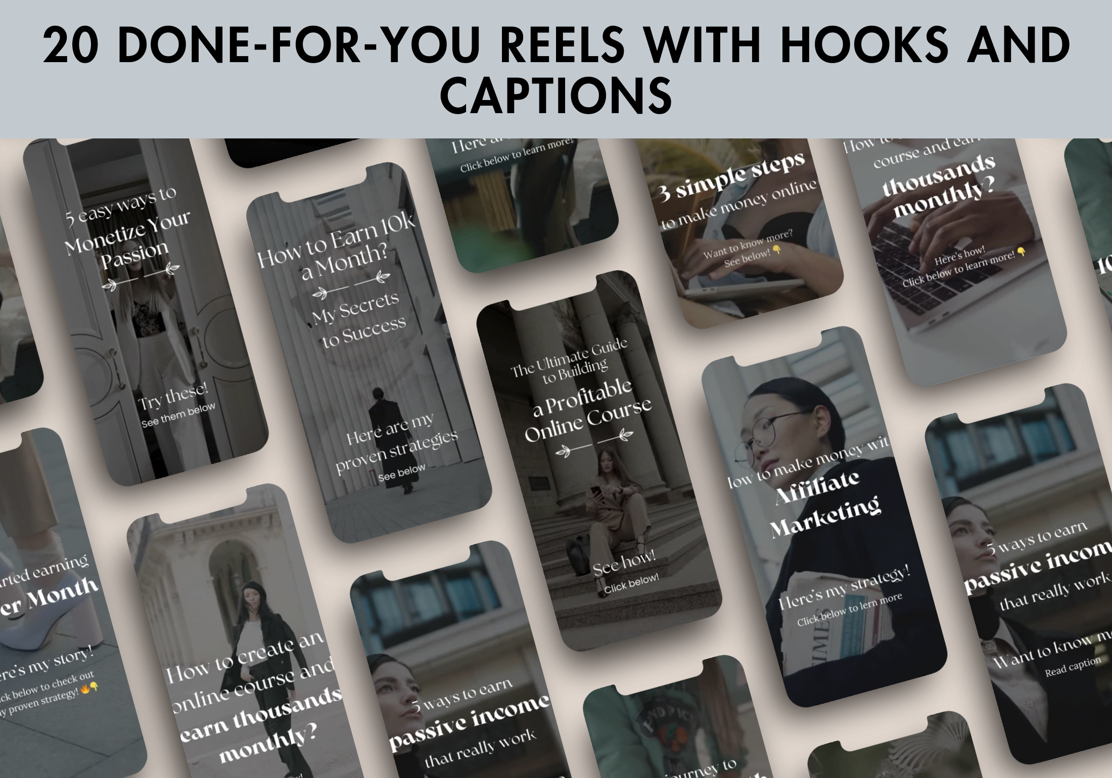 Preview of 20 Done-For-You Faceless Digital Marketing Reels with Engaging Hooks and Captions