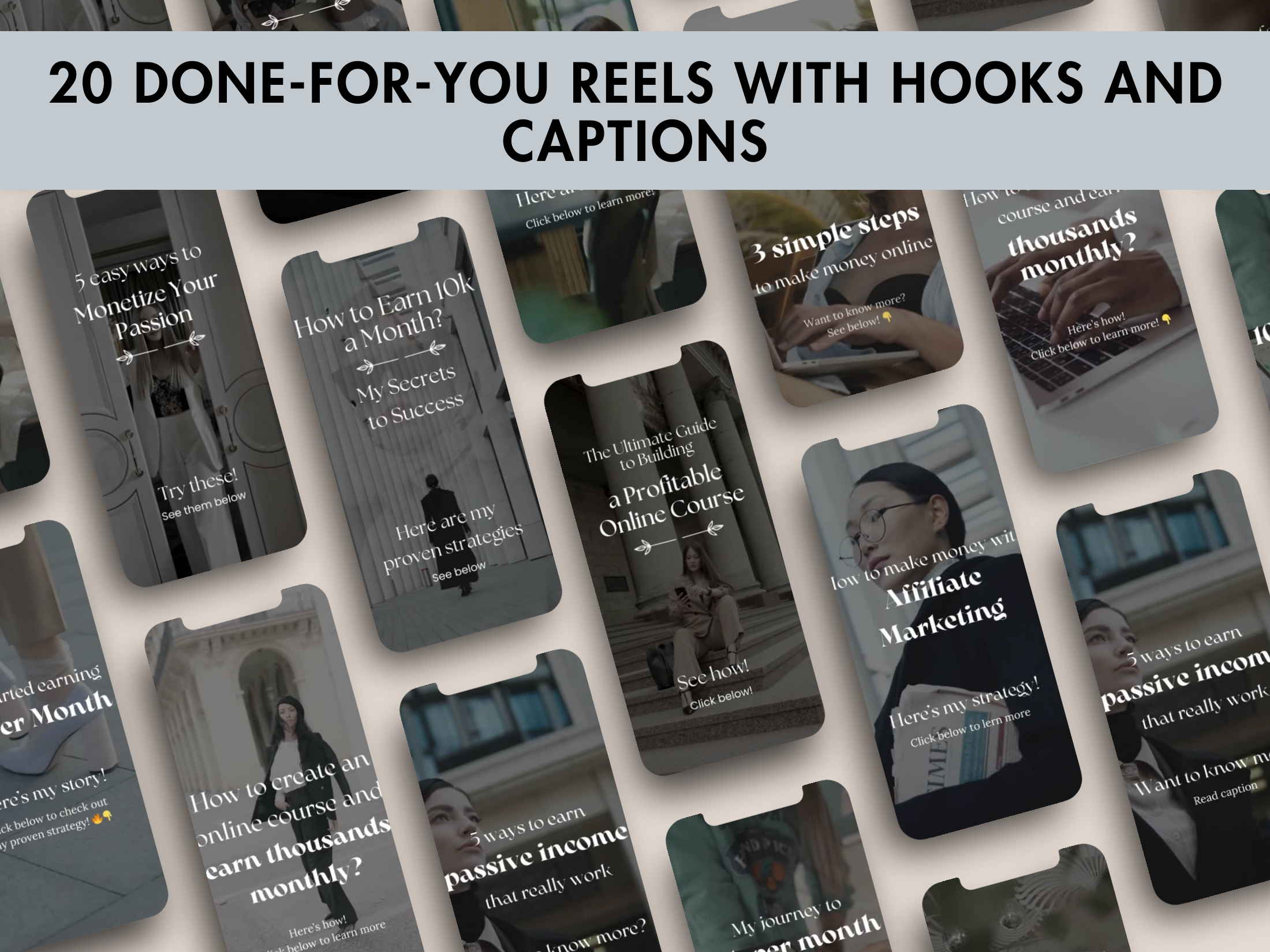 Preview of 20 Done-For-You Faceless Digital Marketing Reels with Engaging Hooks and Captions