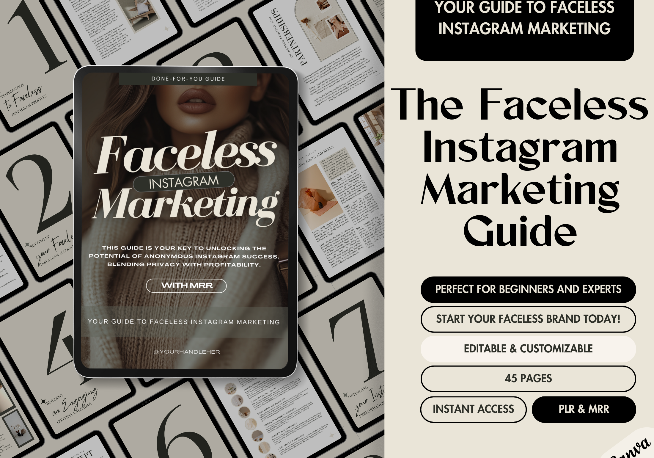 Cover of 'Faceless Instagram Marketing Guide' featuring strategies for anonymous Instagram growth, success tips, and privacy-focused branding