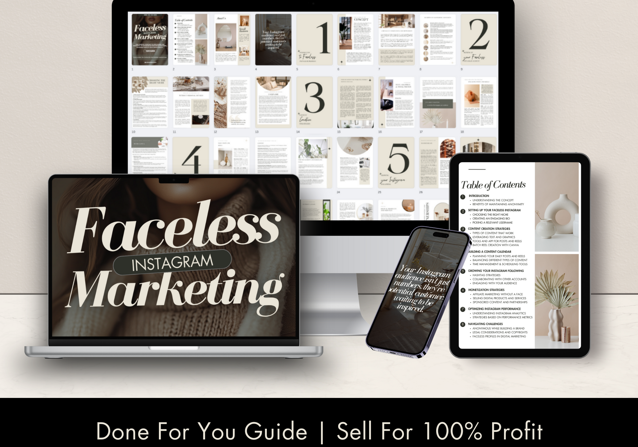Display of 'Faceless Instagram Marketing Guide' on laptop, tablet, and mobile screens with detailed strategies and tools for Instagram marketing.