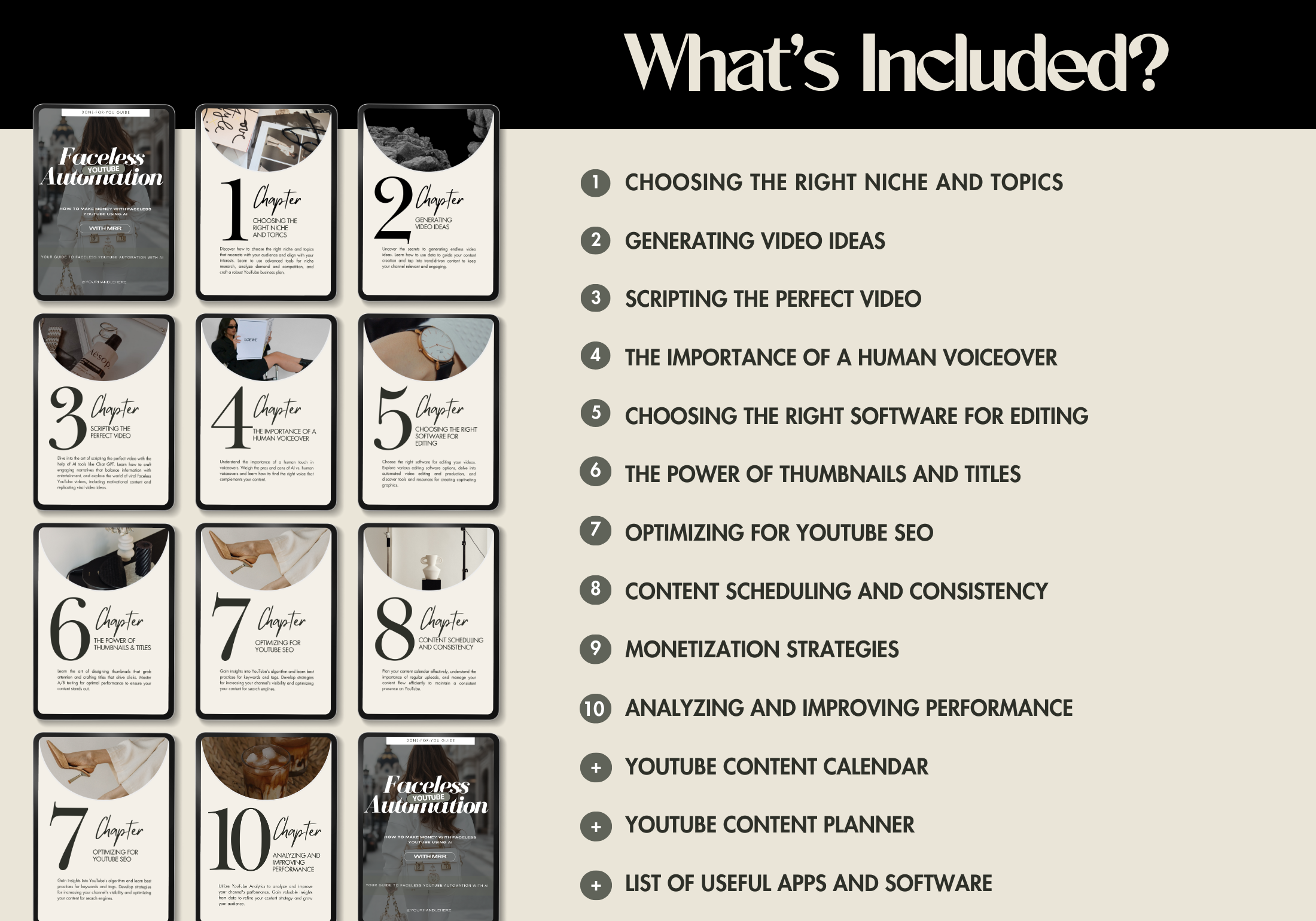 Comprehensive list of contents in the Faceless YouTube Automation guide, highlighting key strategies for content creation and optimization.