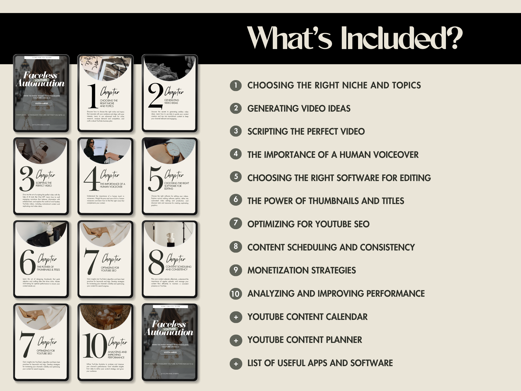 Comprehensive list of contents in the Faceless YouTube Automation guide, highlighting key strategies for content creation and optimization.