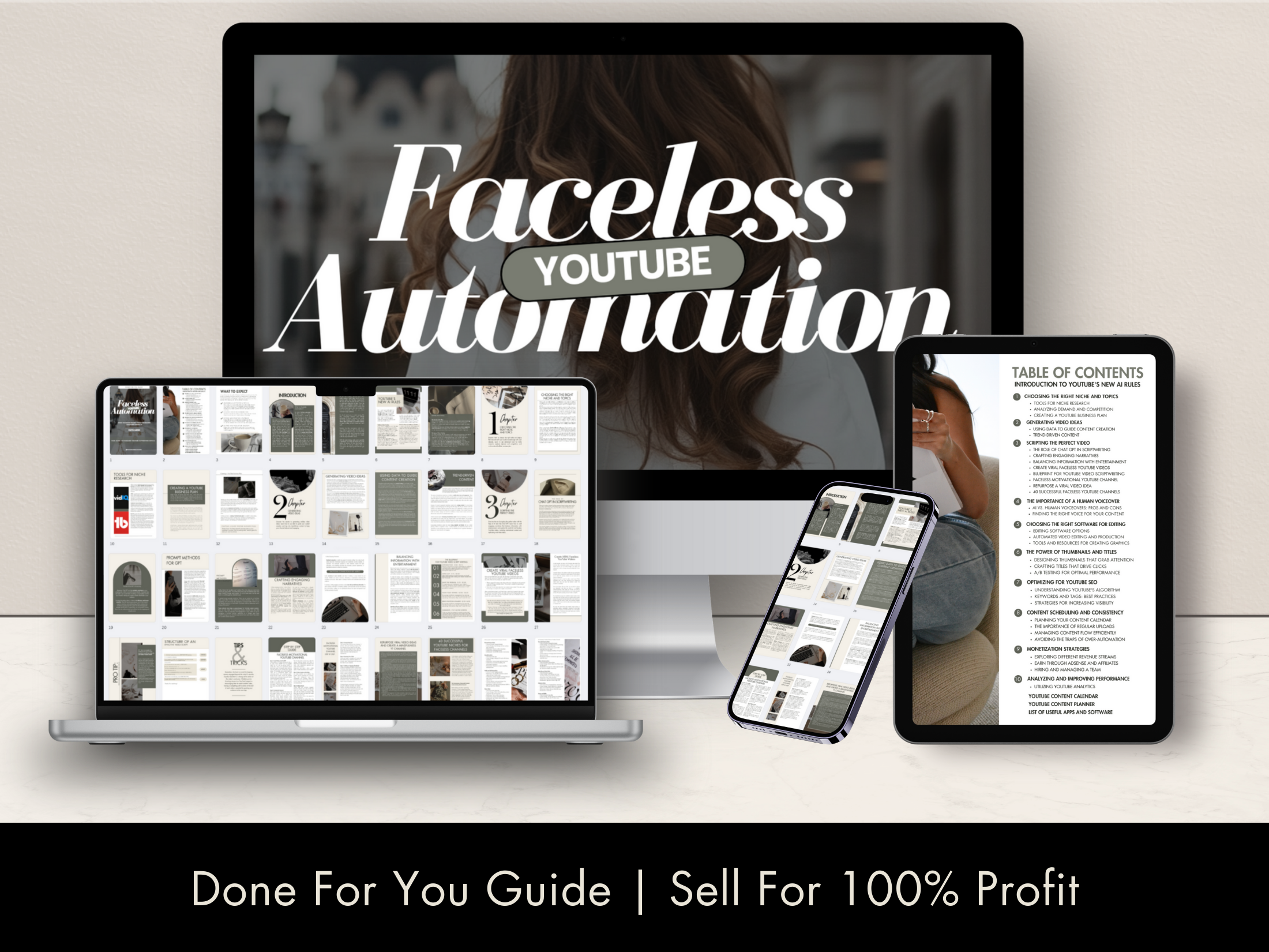 Digital preview of the Faceless YouTube Automation guide displayed on multiple devices including laptop, tablet, and phone.