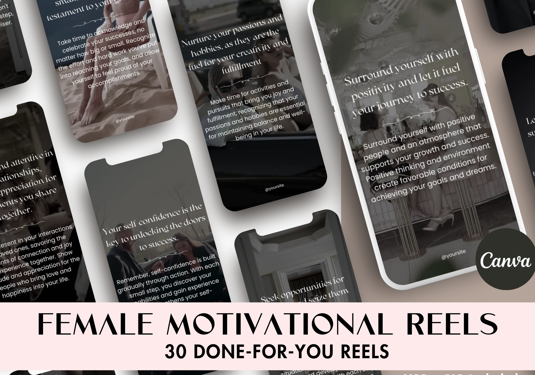 Cover image for the 30 Done-For-You Female Motivational Instagram Reels, highlighting various empowering messages and positive affirmations.