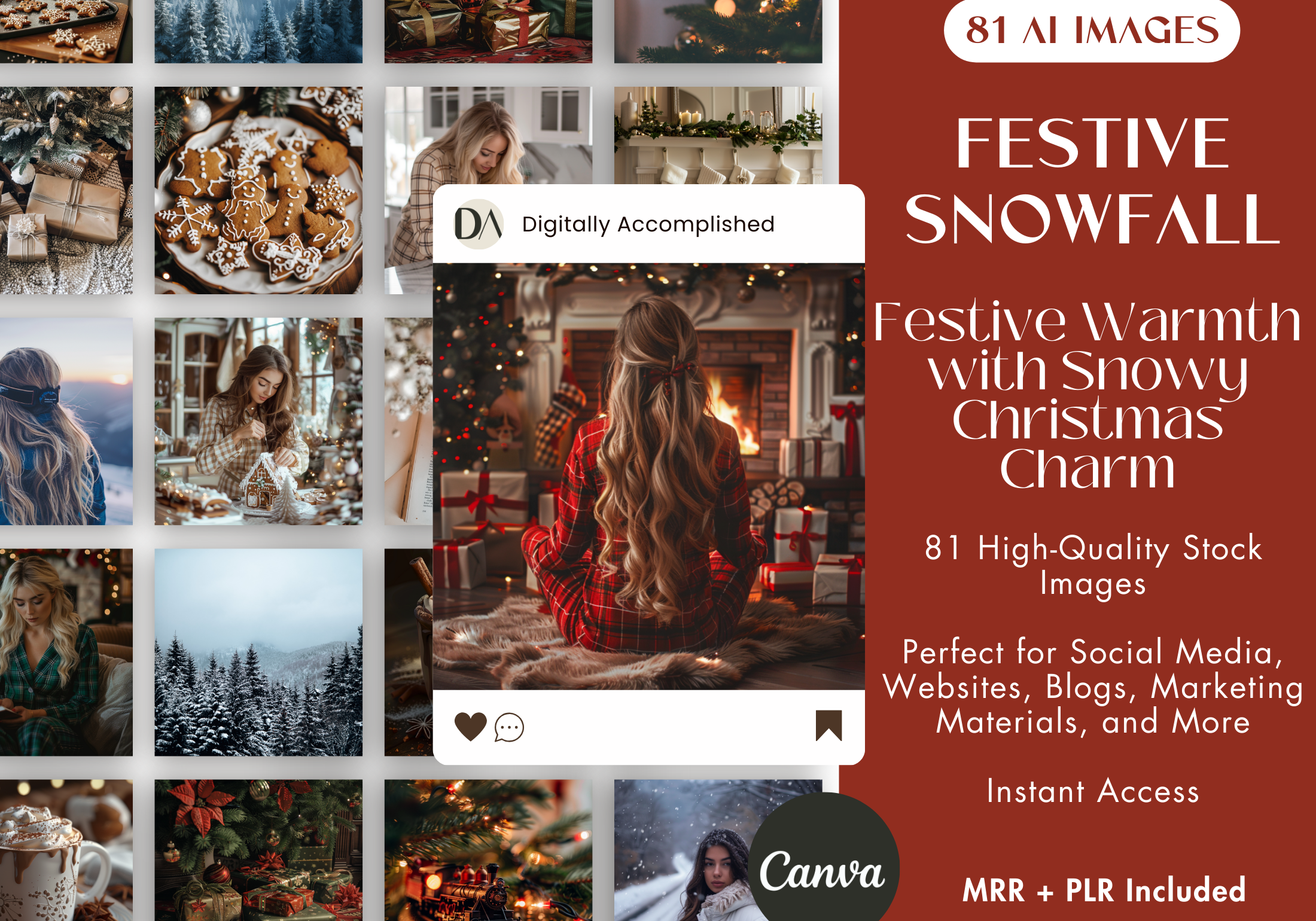 Cover image for Festive Snowfall AI Stock Images featuring cozy Christmas aesthetics with 81 high-quality stock images for social media, websites, and marketing materials.