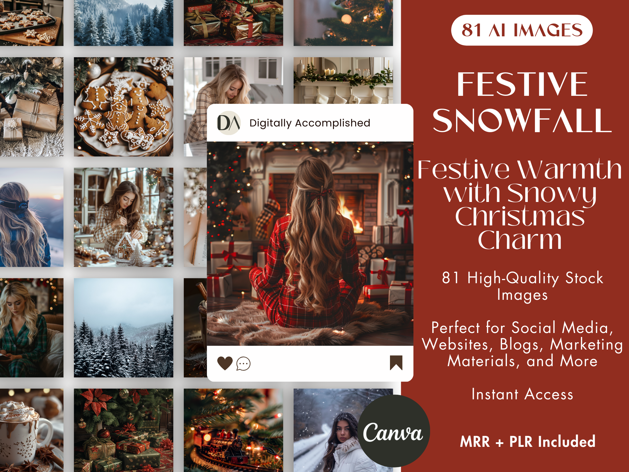 Cover image for Festive Snowfall AI Stock Images featuring cozy Christmas aesthetics with 81 high-quality stock images for social media, websites, and marketing materials.