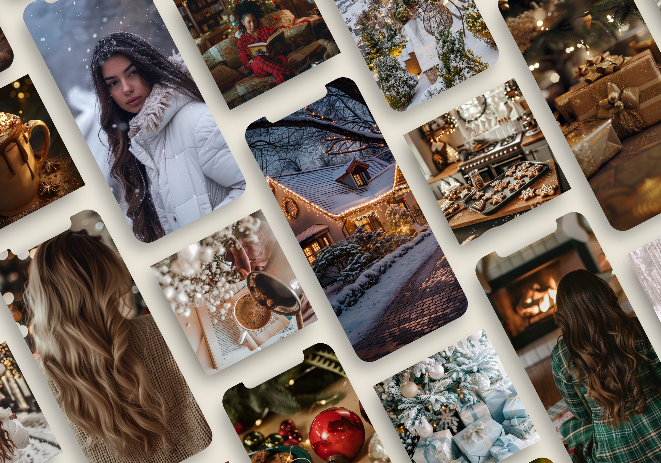 Preview of Festive Snowfall AI Stock Images showcasing holiday-themed visuals with Christmas trees, gifts, snow, and festive settings.