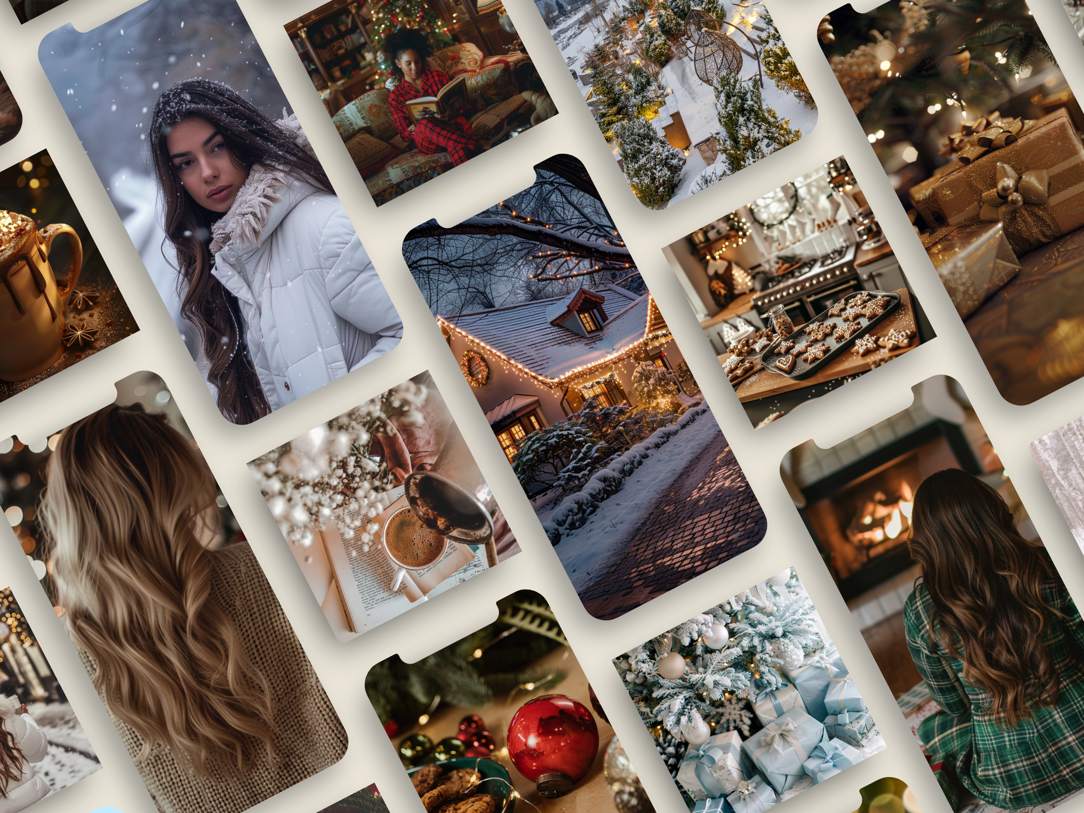 Preview of Festive Snowfall AI Stock Images showcasing holiday-themed visuals with Christmas trees, gifts, snow, and festive settings.