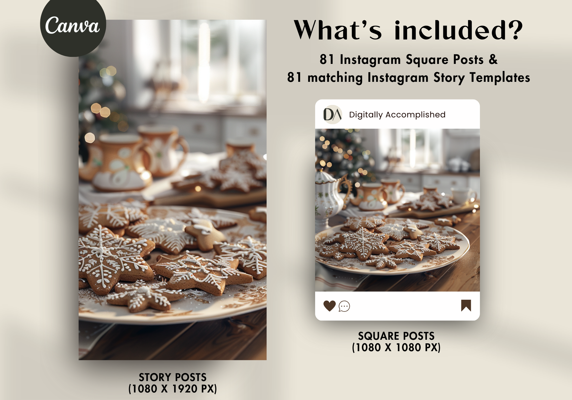 What’s included in Festive Snowfall AI Stock Images: 81 Instagram square posts and matching Instagram story templates for seasonal content creation