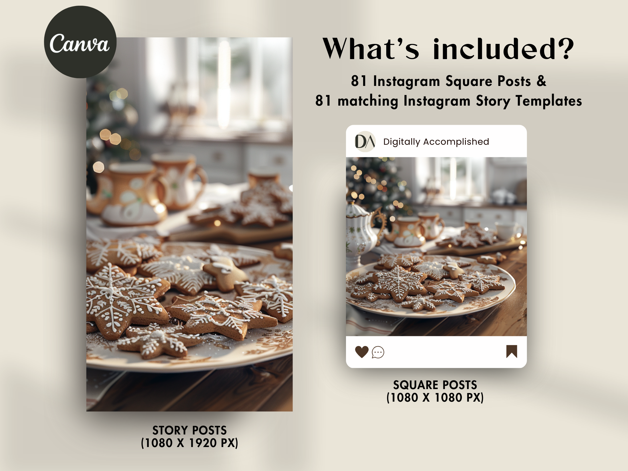 What’s included in Festive Snowfall AI Stock Images: 81 Instagram square posts and matching Instagram story templates for seasonal content creation