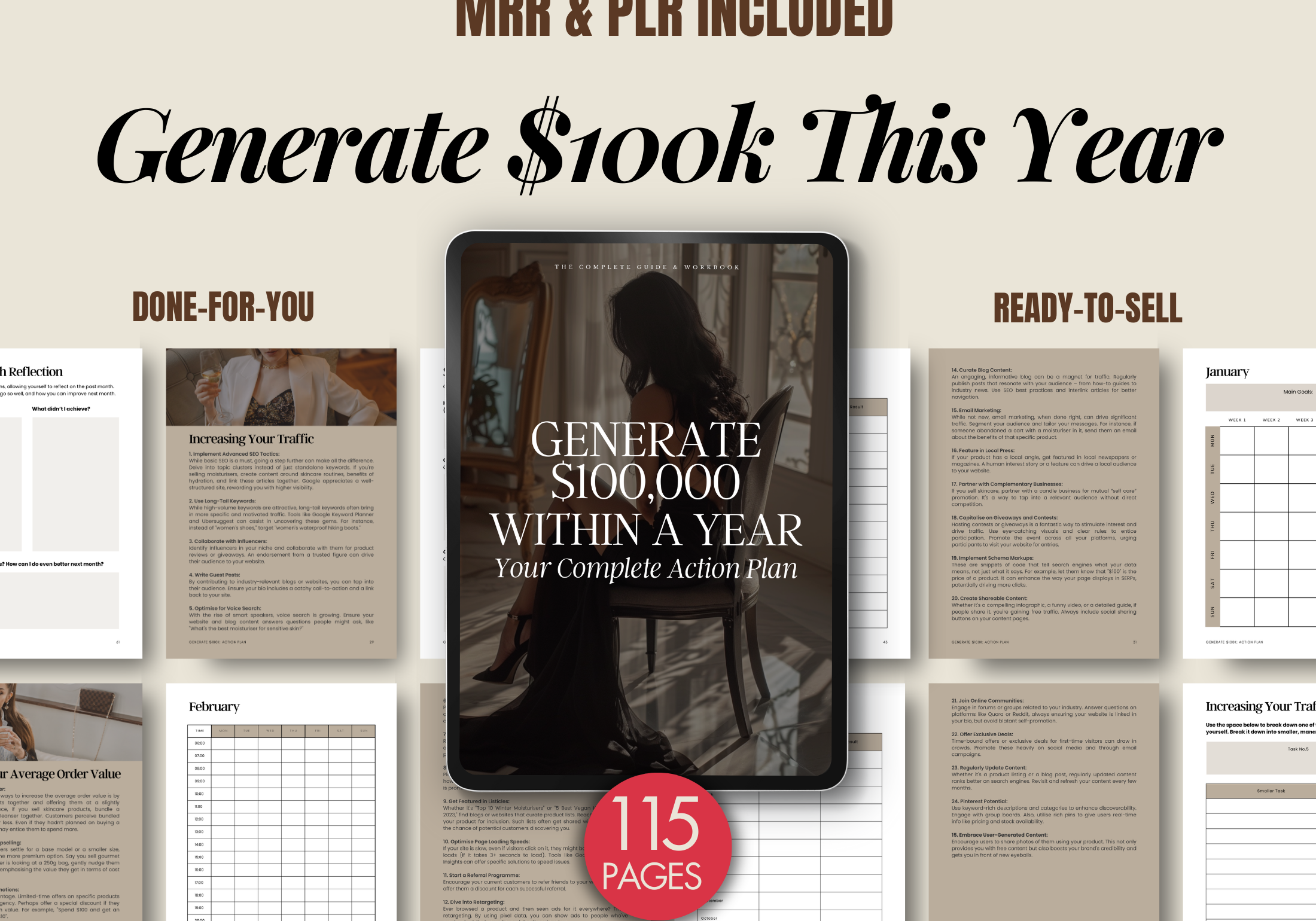 Generate $100k This Year Action Plan Cover - Comprehensive guide to increase earnings and optimize business operations with MRR & PLR included.