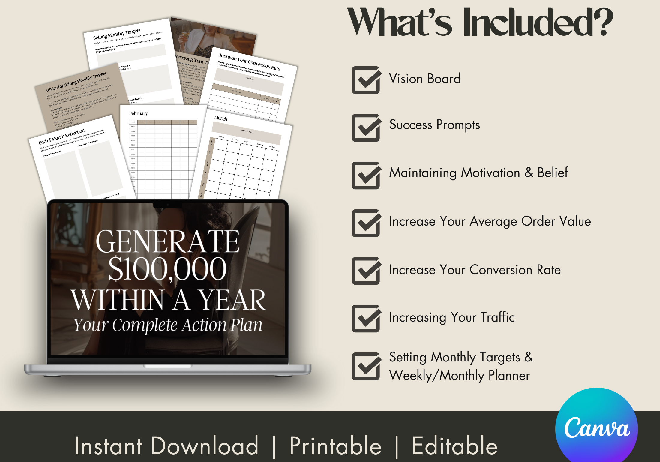 Generate $100k This Year Action Plan Instructions - Step-by-step guidance on setting monthly targets, increasing traffic, and conversion rates.