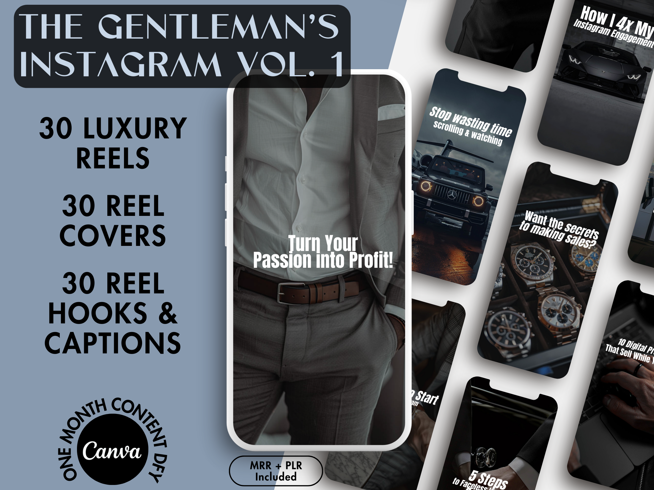 Mockup showcasing The Gentleman's Instagram Vol. 1 product, featuring 30 luxury reels, reel covers, hooks, and captions designed for the faceless Instagram niche.