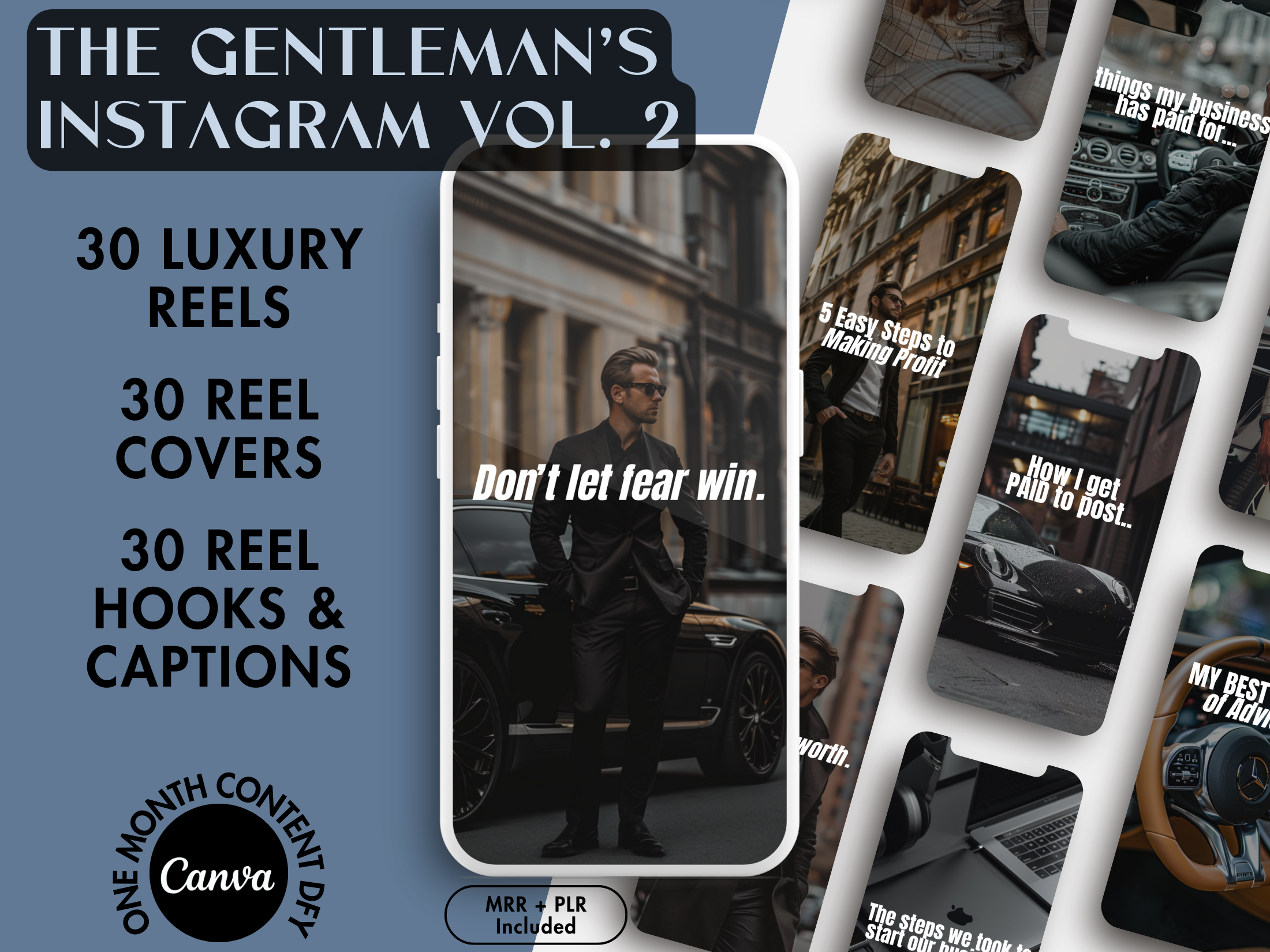 Mockup of The Gentleman's Instagram Vol. 2, showcasing 30 luxury reels, reel covers, hooks, and captions for creating a premium Instagram aesthetic.