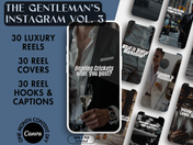 Mockup of The Gentleman’s Instagram Vol. 3, featuring 30 luxury reels, reel covers, hooks, and captions designed for high-end Instagram content.