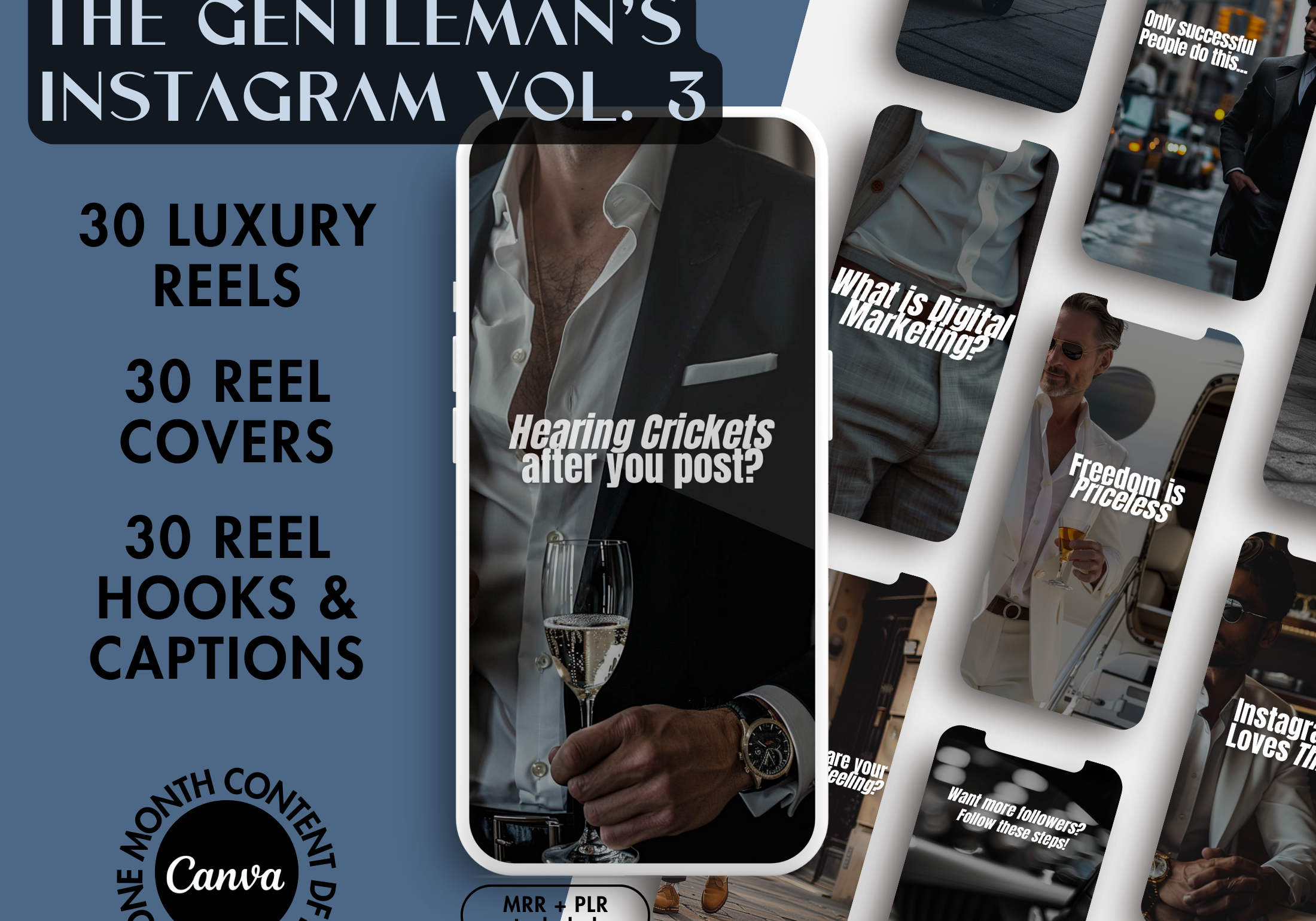 Mockup of The Gentleman’s Instagram Vol. 3, featuring 30 luxury reels, reel covers, hooks, and captions designed for high-end Instagram content.