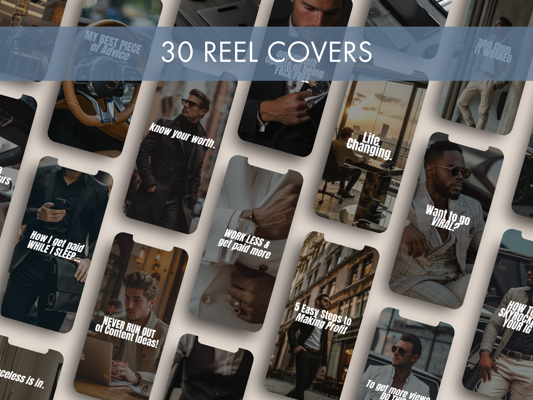 A preview of 30 reel covers for The Gentleman's Instagram Vol. 2, featuring luxury lifestyle imagery, business tips, and motivational captions