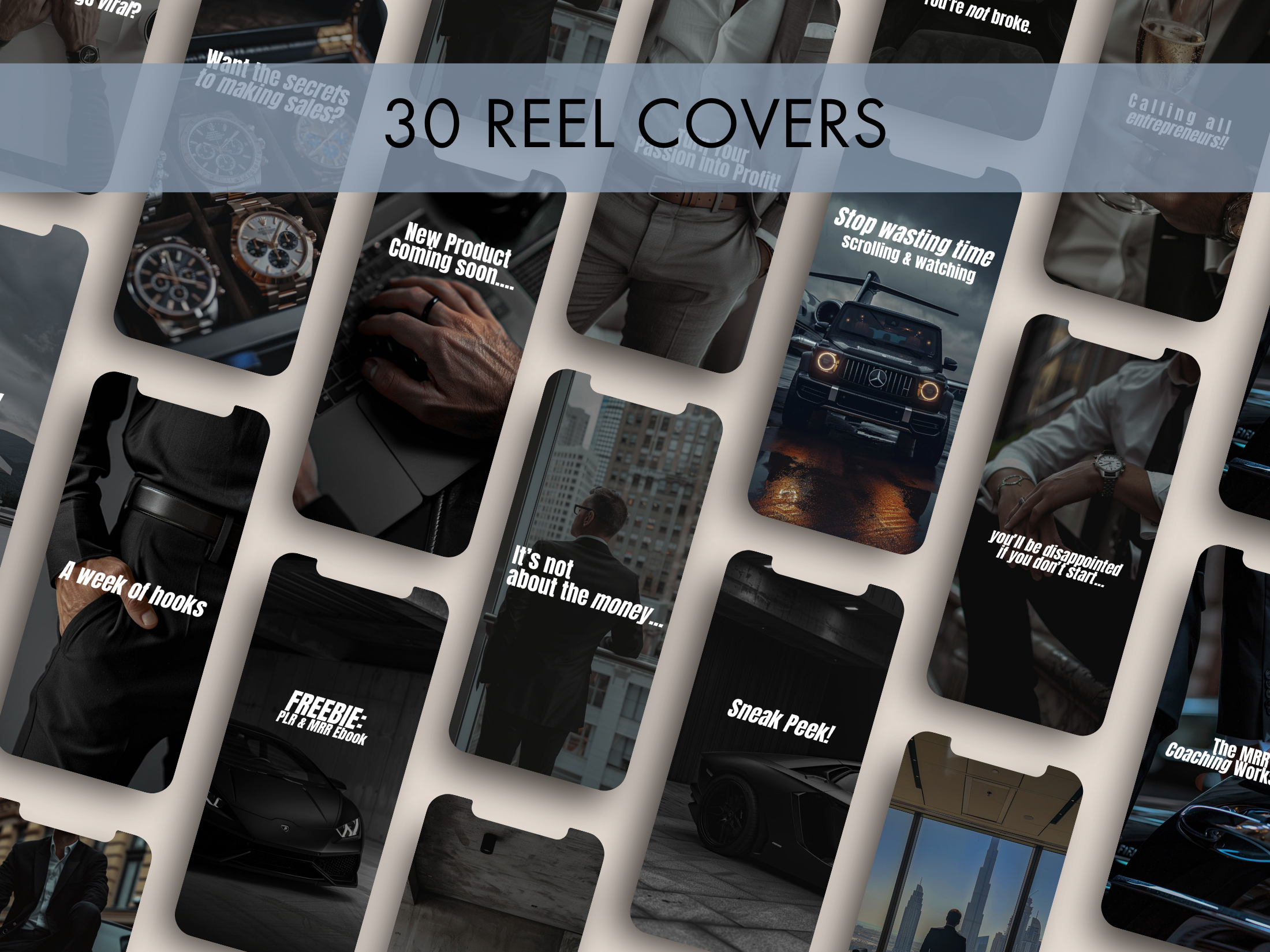 Visual showing 30 reel covers for The Gentleman's Instagram, featuring luxury themes like cars, watches, and entrepreneurship.