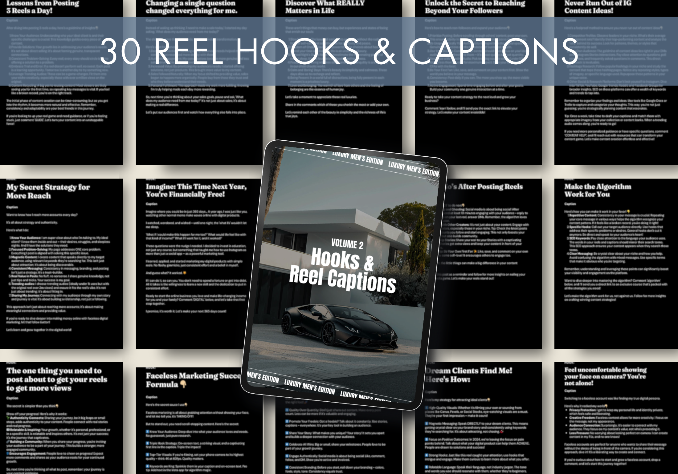 Display of 30 hooks and reel captions from The Gentleman's Instagram Vol. 2, designed to maximize engagement and sales on Instagram.