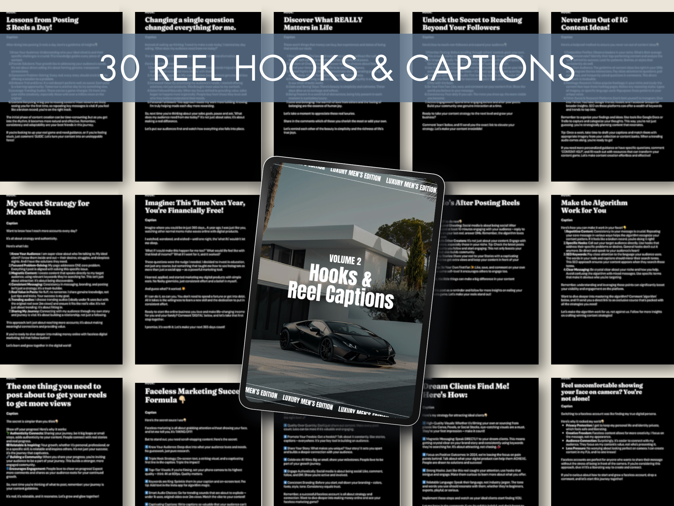 Display of 30 hooks and reel captions from The Gentleman's Instagram Vol. 2, designed to maximize engagement and sales on Instagram.