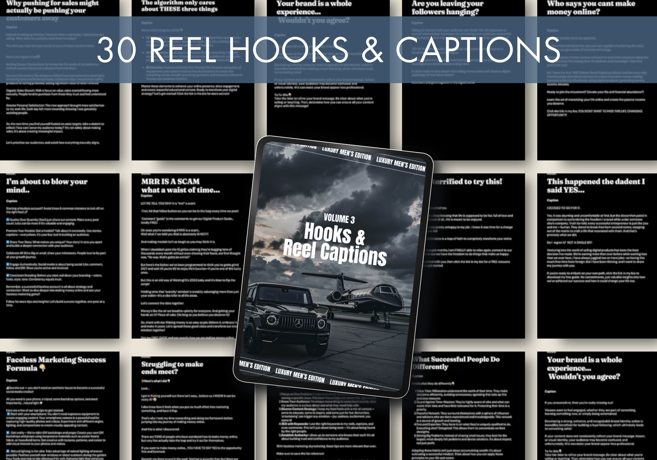 Display of 30 hooks and reel captions from The Gentleman’s Instagram Vol. 3, crafted to boost Instagram engagement and sales.