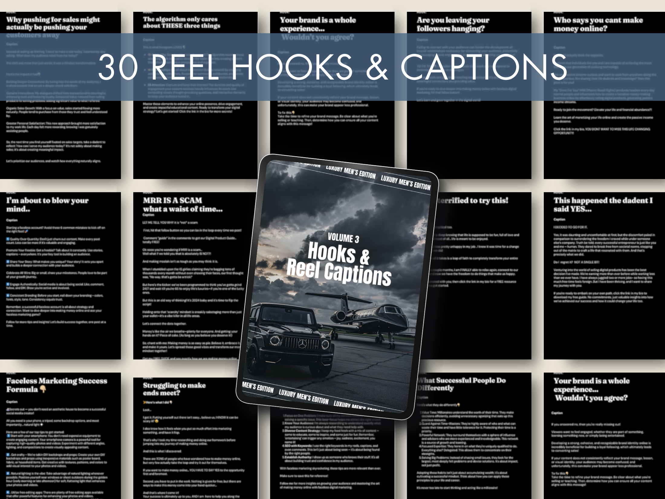 Display of 30 hooks and reel captions from The Gentleman’s Instagram Vol. 3, crafted to boost Instagram engagement and sales.