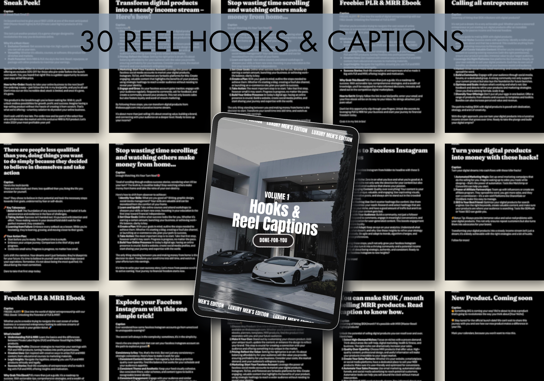 Preview of 30 hooks and reel captions for The Gentleman's Instagram, designed to increase engagement and drive sales through captivating content.